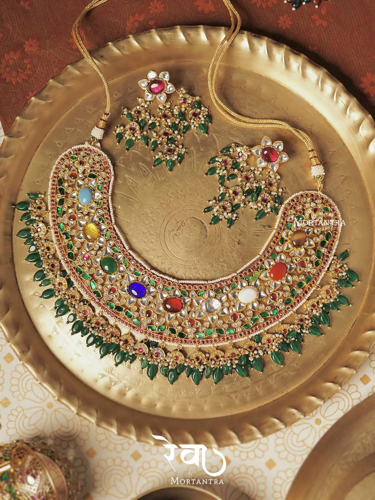 Navratna Gold Plated Jadau Kundan Bridal Necklace Set - MO-S25N