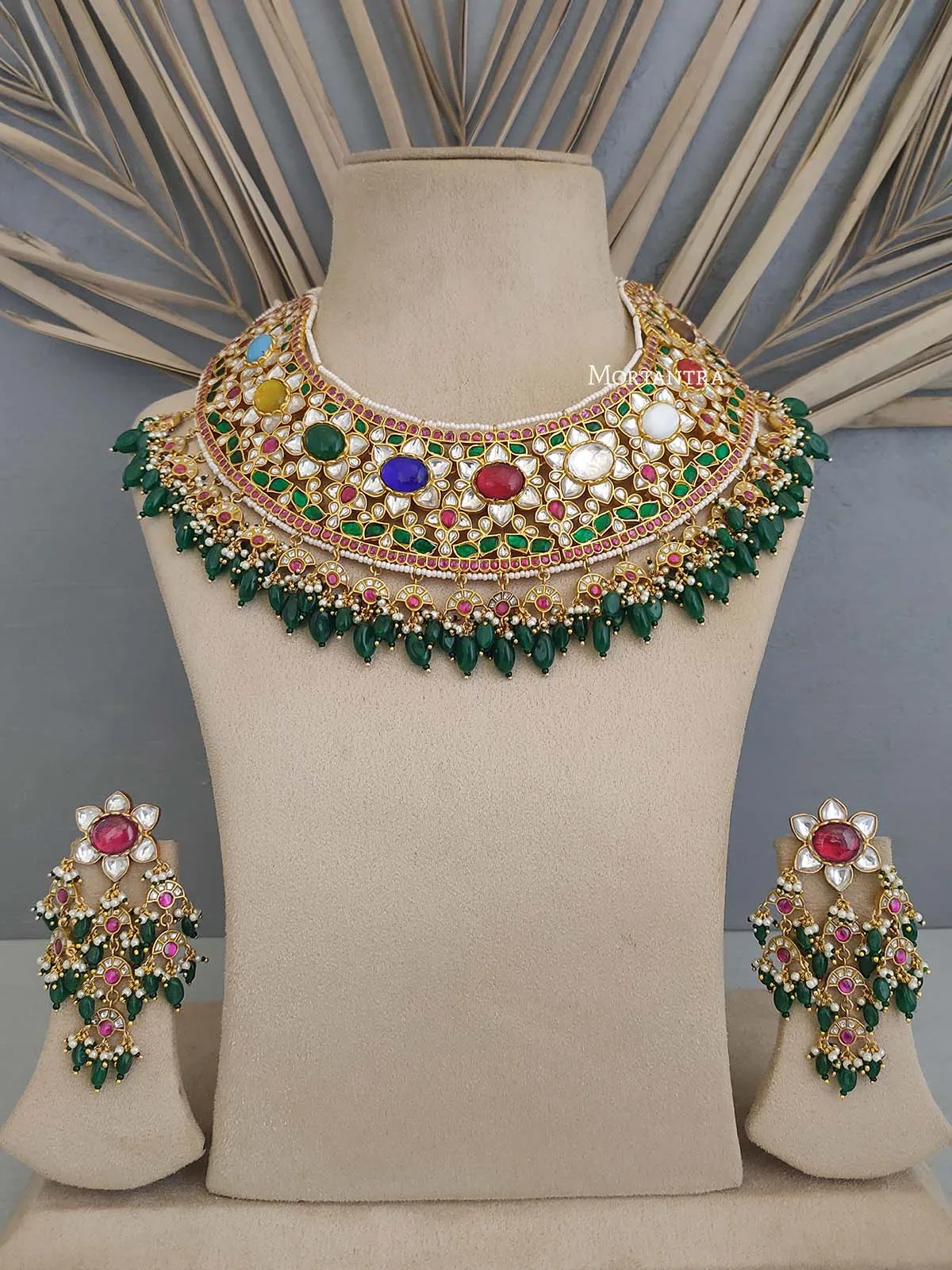 Navratna Gold Plated Jadau Kundan Bridal Necklace Set - MO-S25N