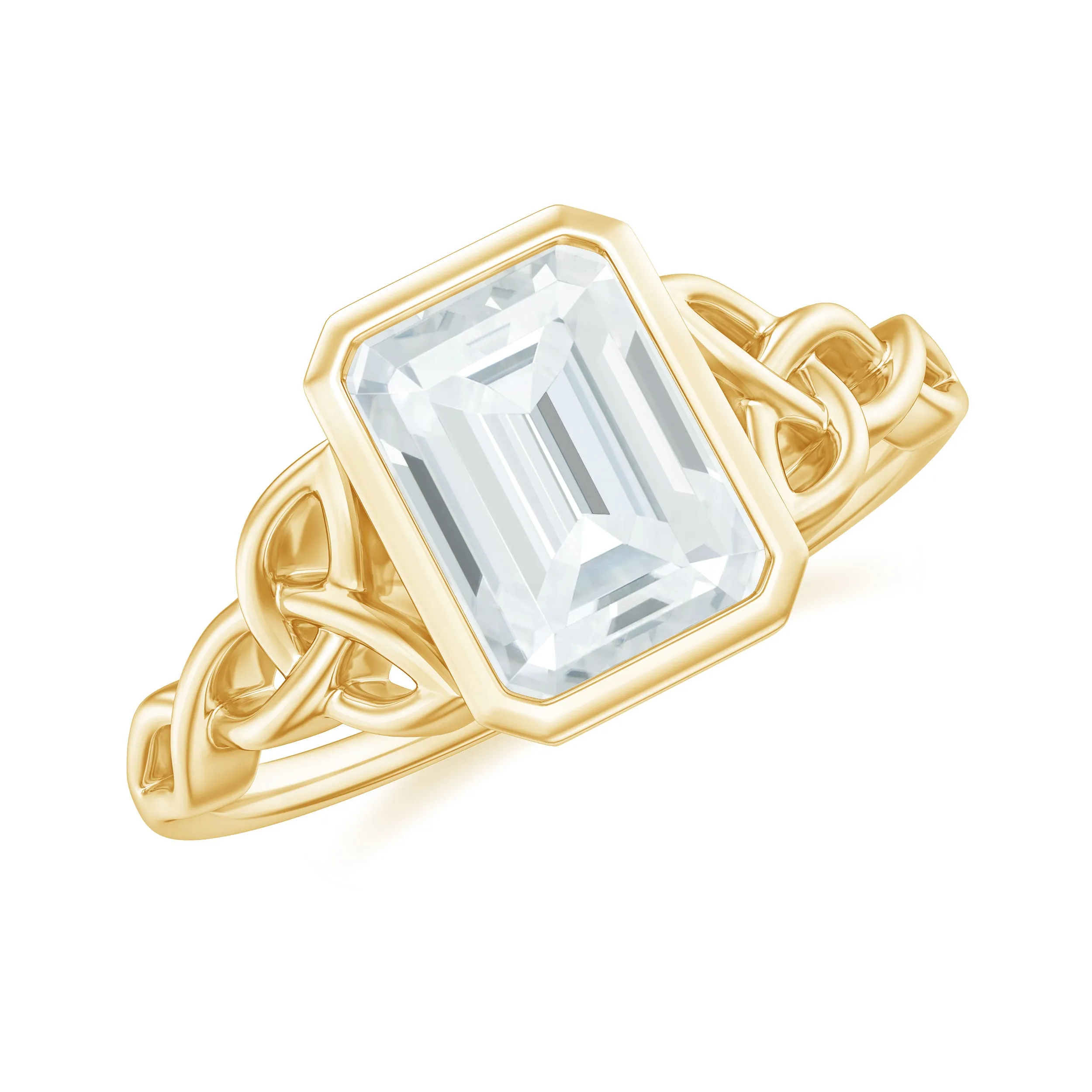 Octagon Cut Moissanite Solitaire Celtic Knot Ring in Bezel Setting