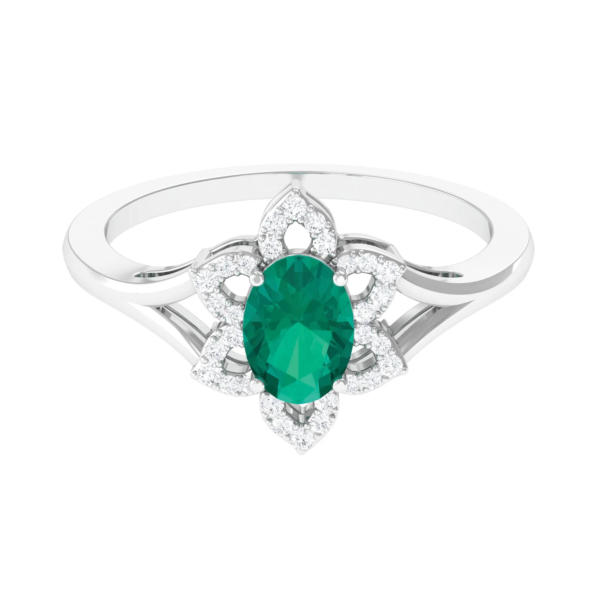 Oval Emerald and Diamond Flower Engagement Ring in Split Shank