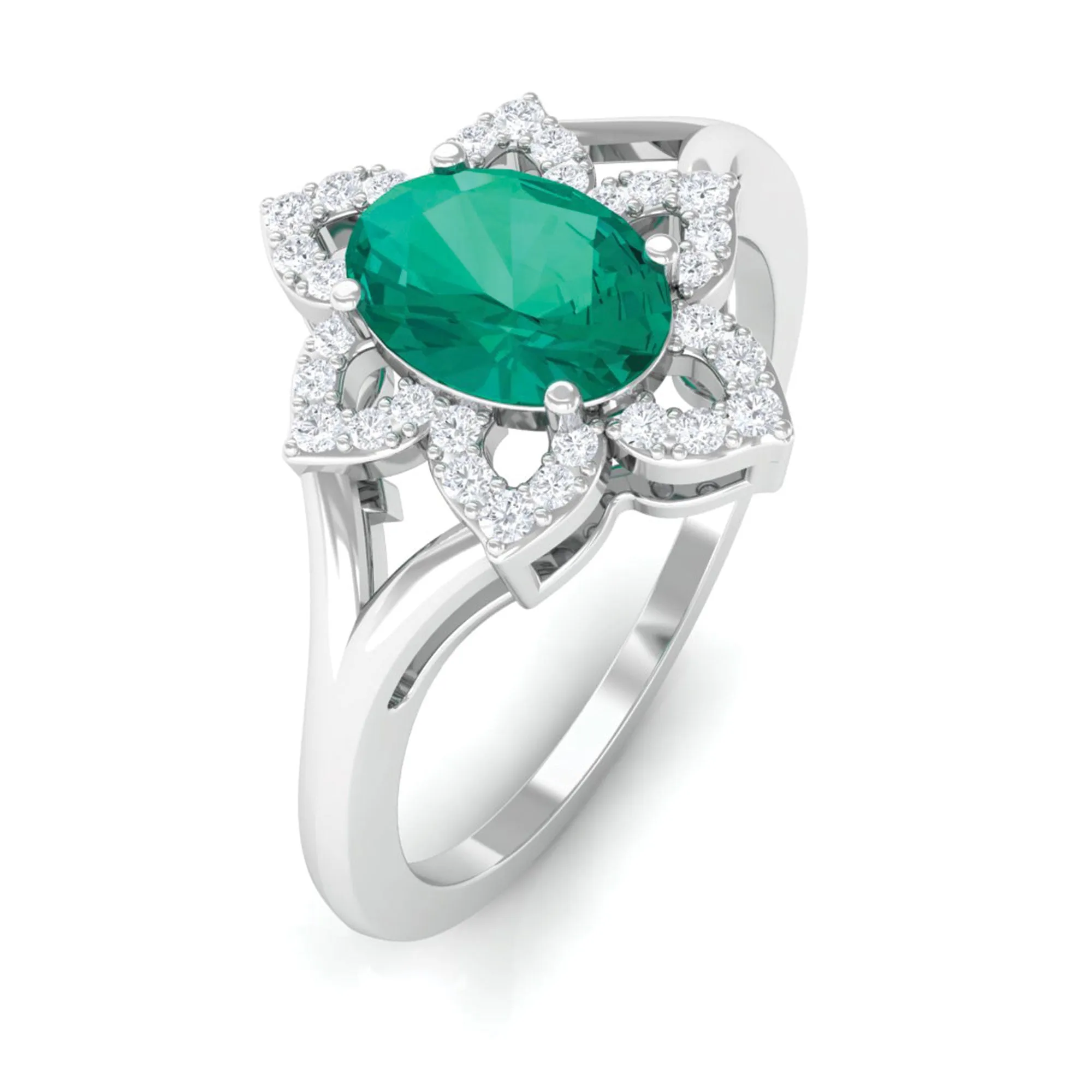 Oval Emerald and Diamond Flower Engagement Ring in Split Shank
