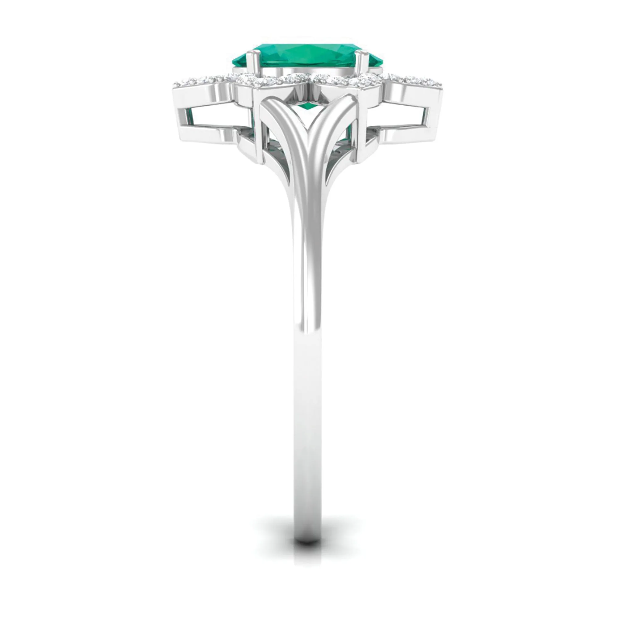 Oval Emerald and Diamond Flower Engagement Ring in Split Shank