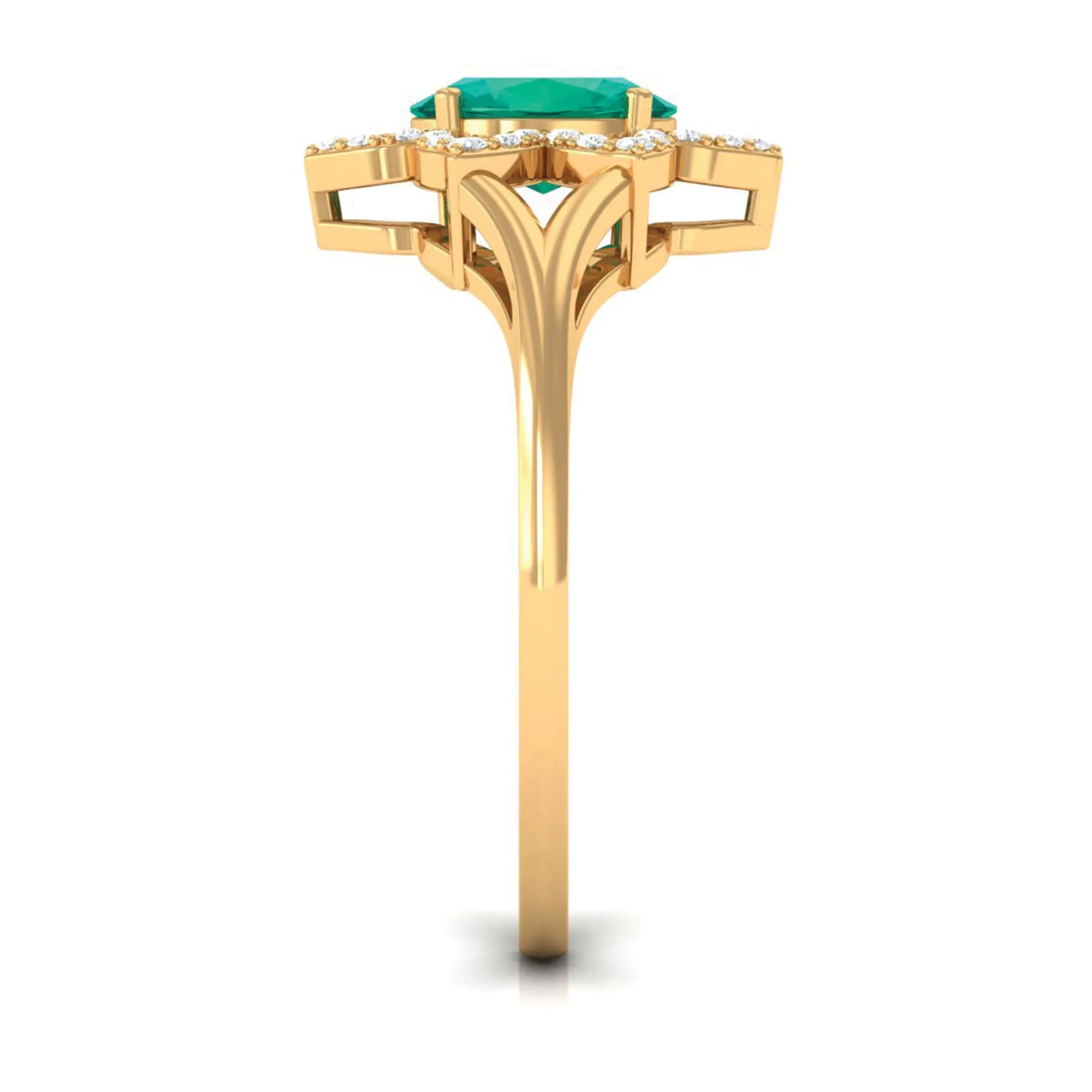 Oval Emerald and Diamond Flower Engagement Ring in Split Shank