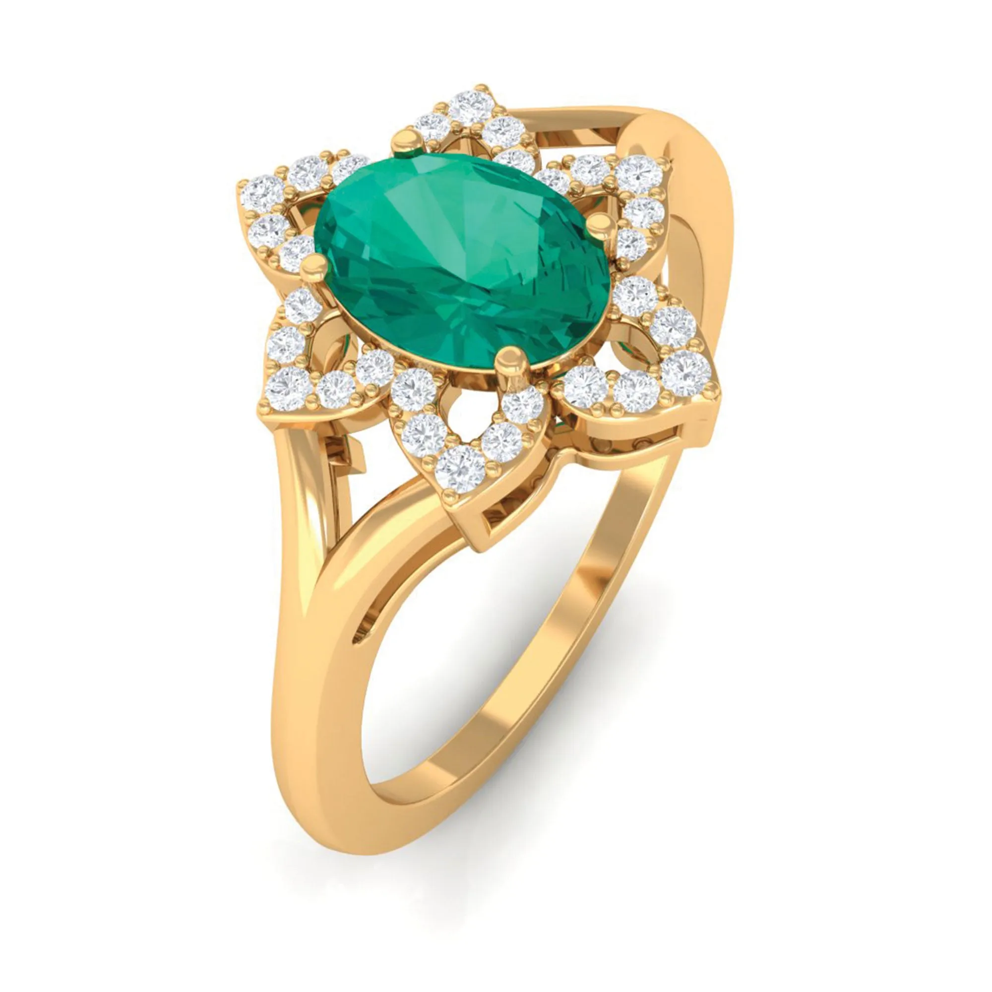 Oval Emerald and Diamond Flower Engagement Ring in Split Shank