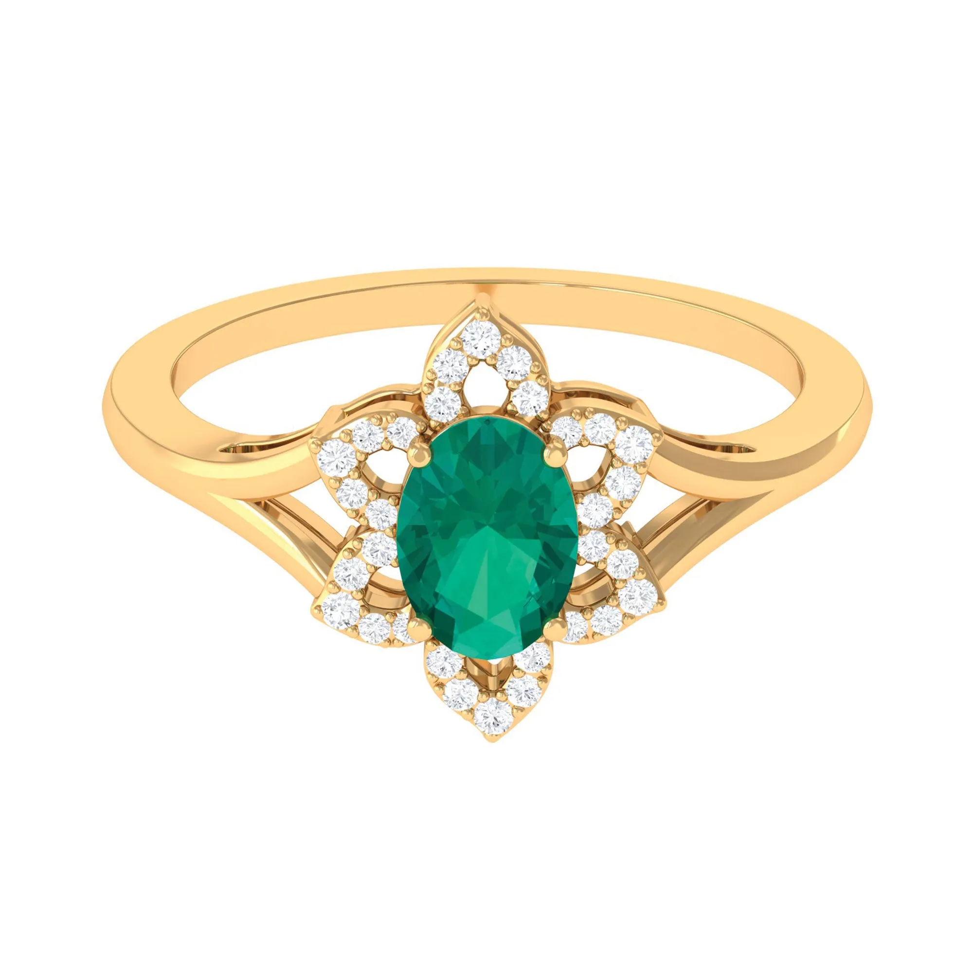 Oval Emerald and Diamond Flower Engagement Ring in Split Shank