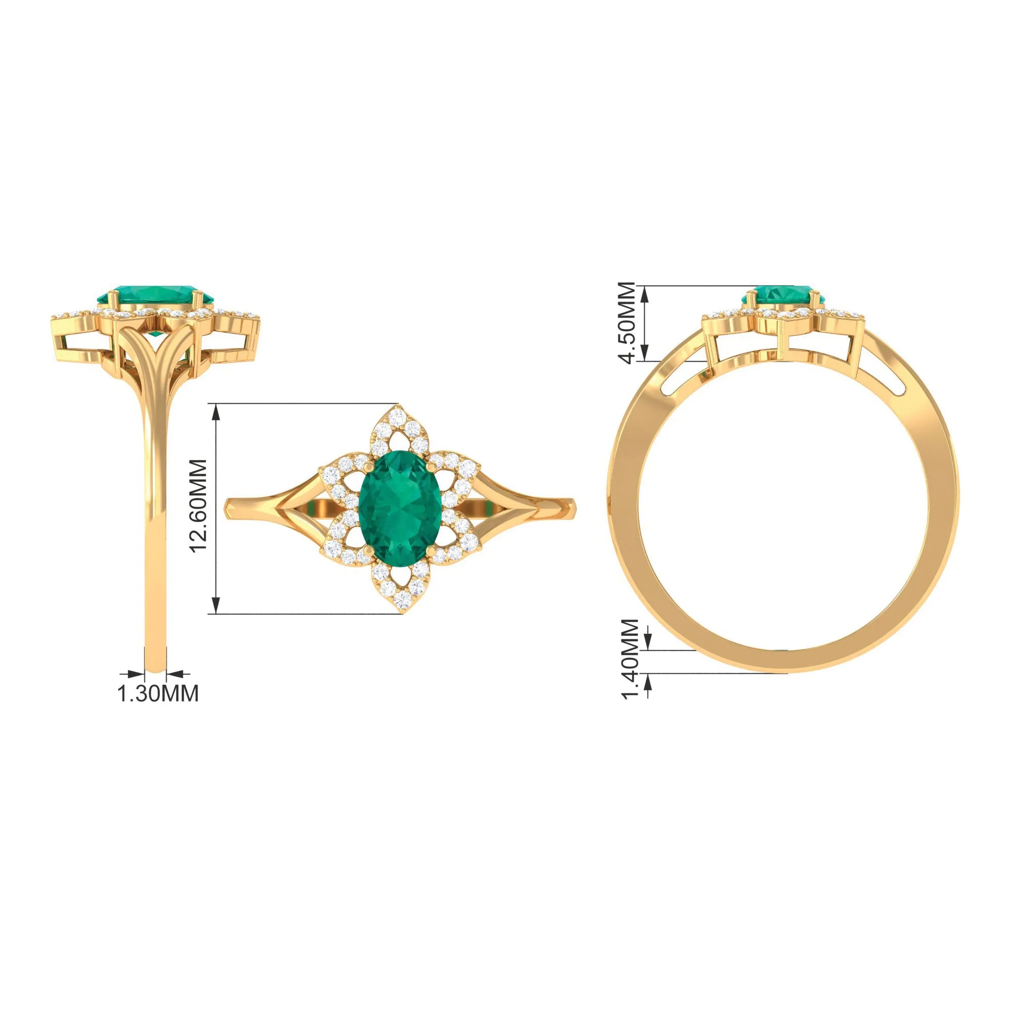 Oval Emerald and Diamond Flower Engagement Ring in Split Shank