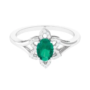 Oval Emerald and Diamond Flower Engagement Ring in Split Shank
