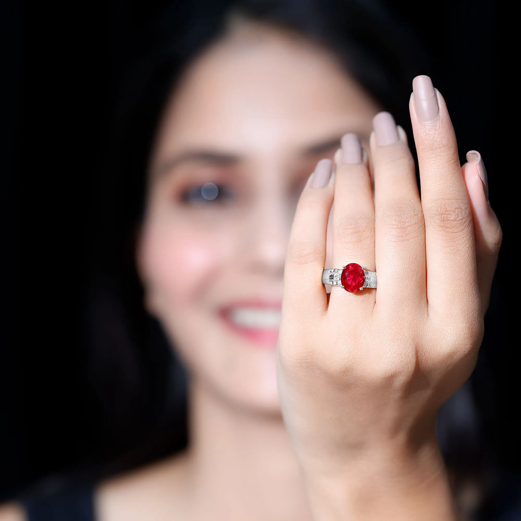 Oval Lab Grown Ruby Solitaire Statement Engagement Ring with Diamond
