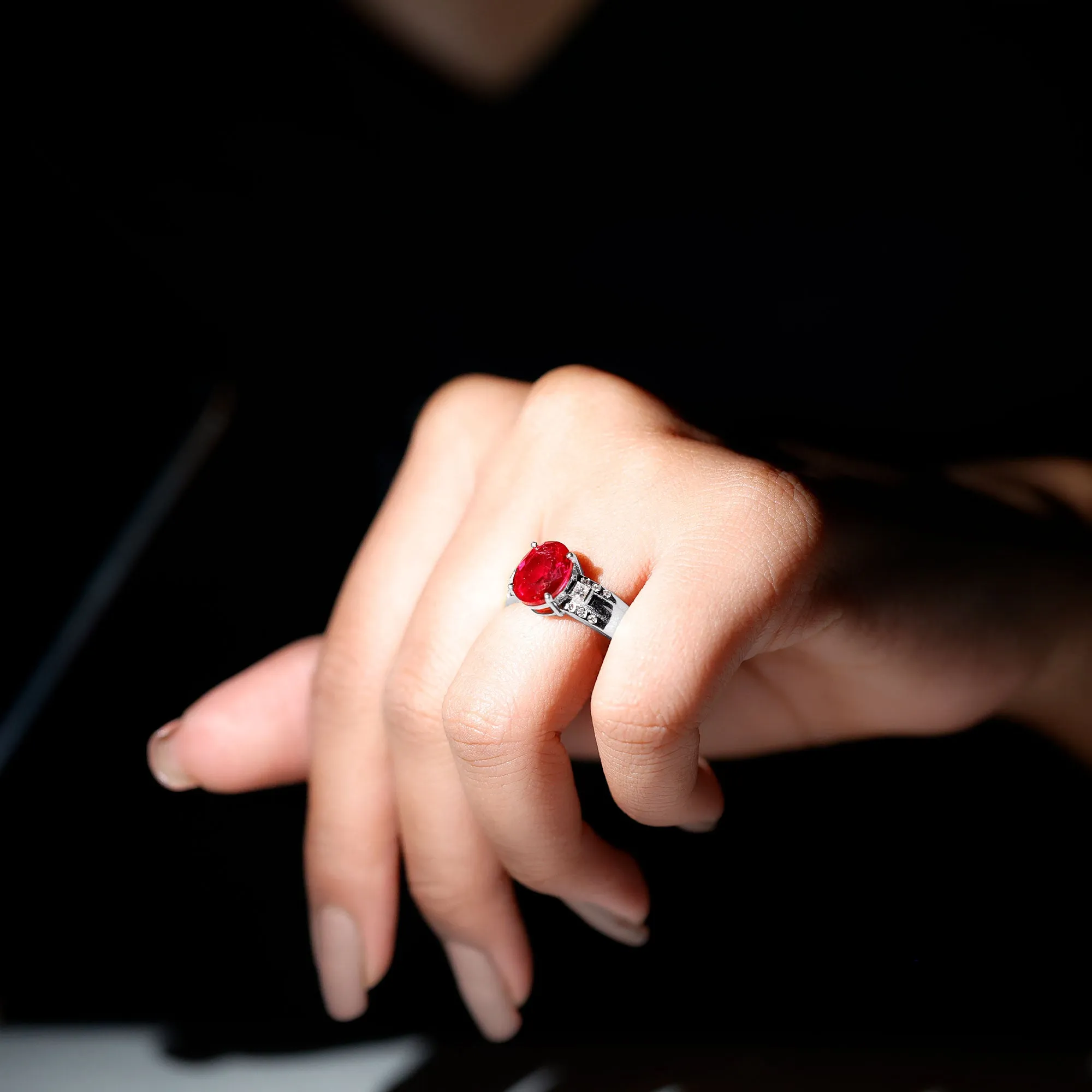 Oval Lab Grown Ruby Solitaire Statement Engagement Ring with Diamond