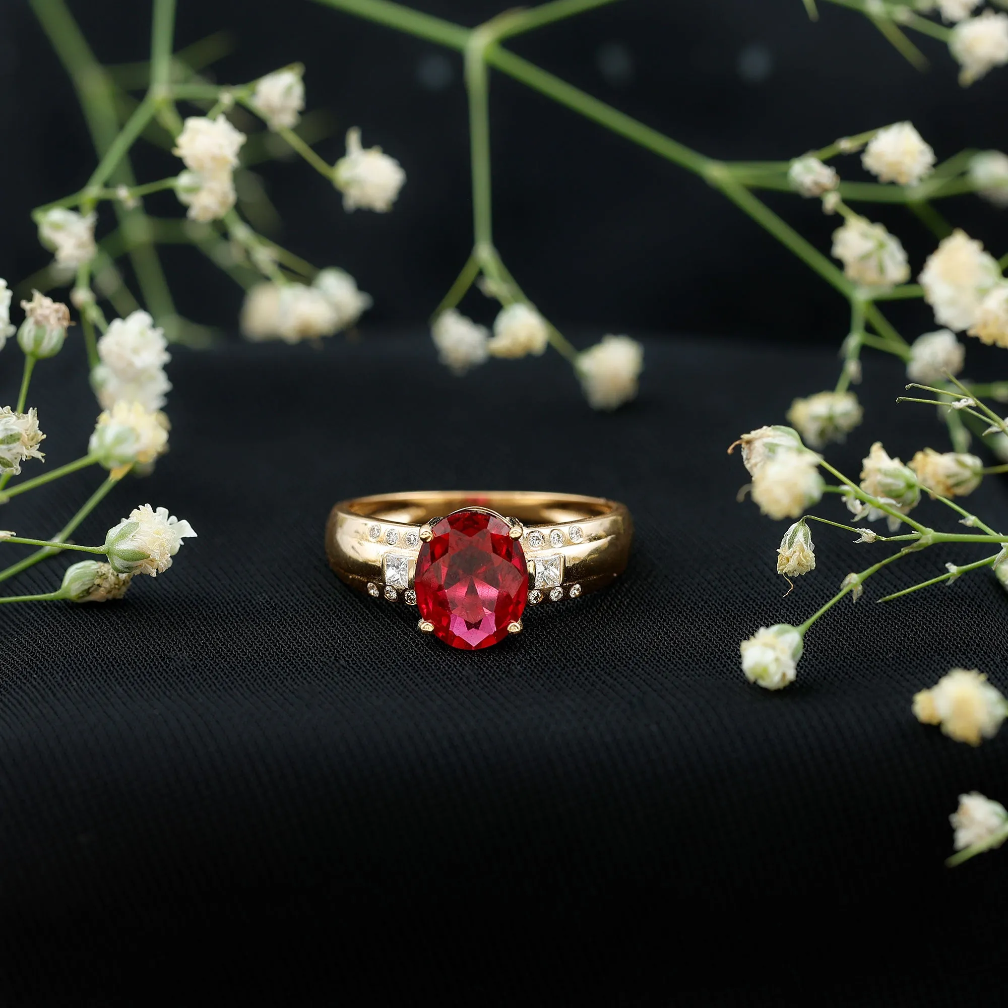 Oval Lab Grown Ruby Solitaire Statement Engagement Ring with Diamond