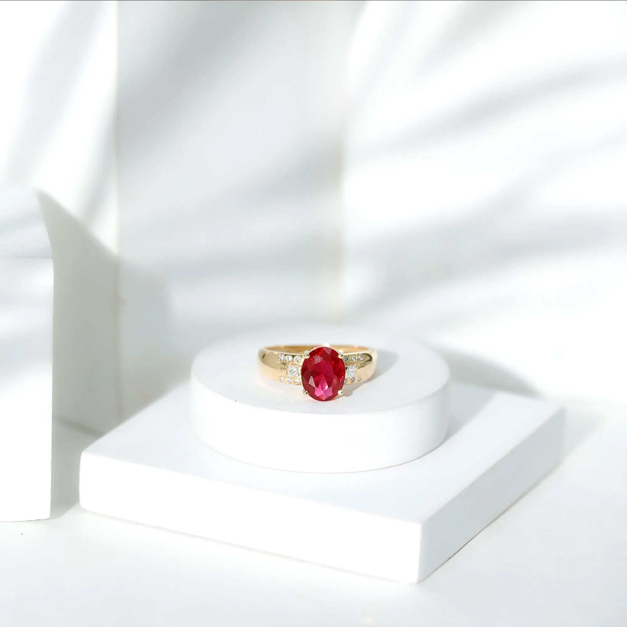Oval Lab Grown Ruby Solitaire Statement Engagement Ring with Diamond