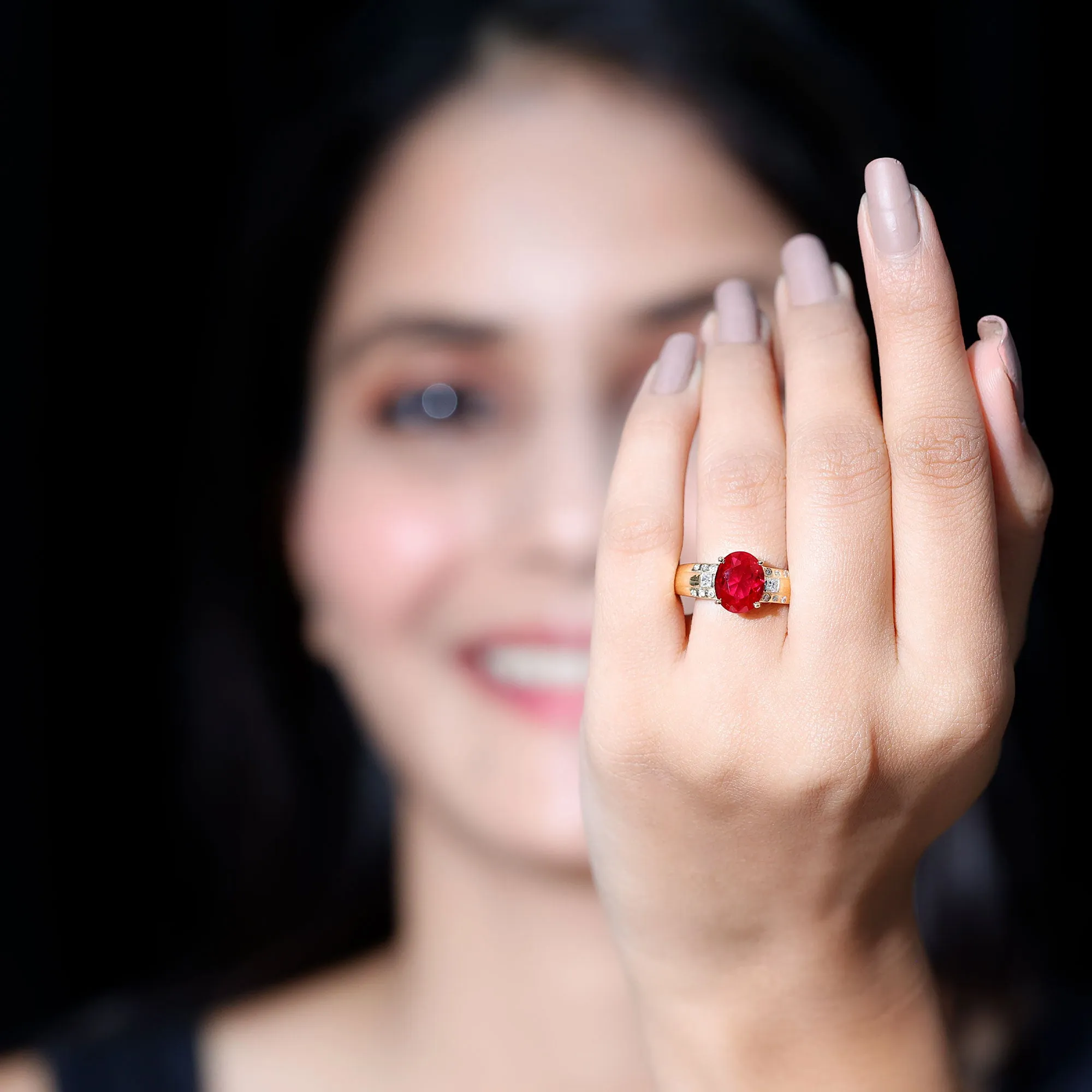 Oval Lab Grown Ruby Solitaire Statement Engagement Ring with Diamond
