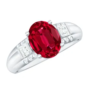 Oval Lab Grown Ruby Solitaire Statement Engagement Ring with Diamond