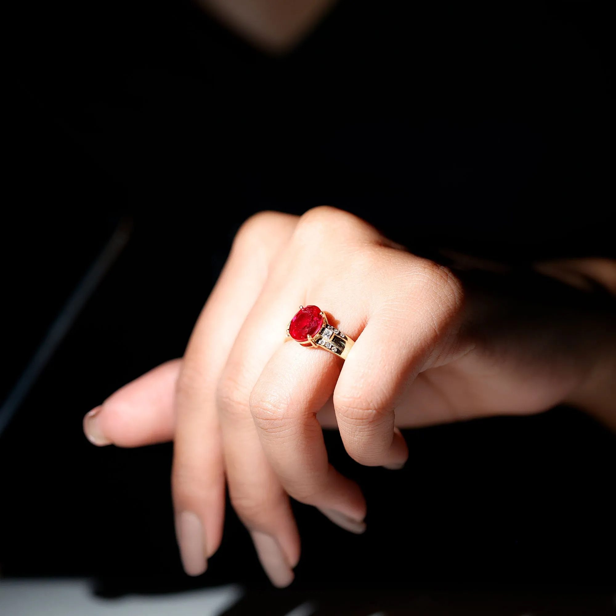 Oval Lab Grown Ruby Solitaire Statement Engagement Ring with Diamond