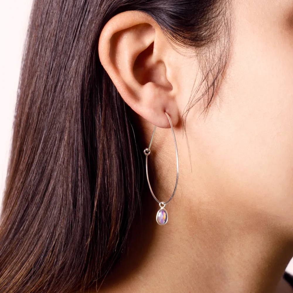 Oval Opal Hoops in Silver - 2 1/8" L