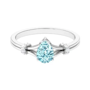 Pear Shape Aquamarine and Diamond Solitaire Ring in Split Shank