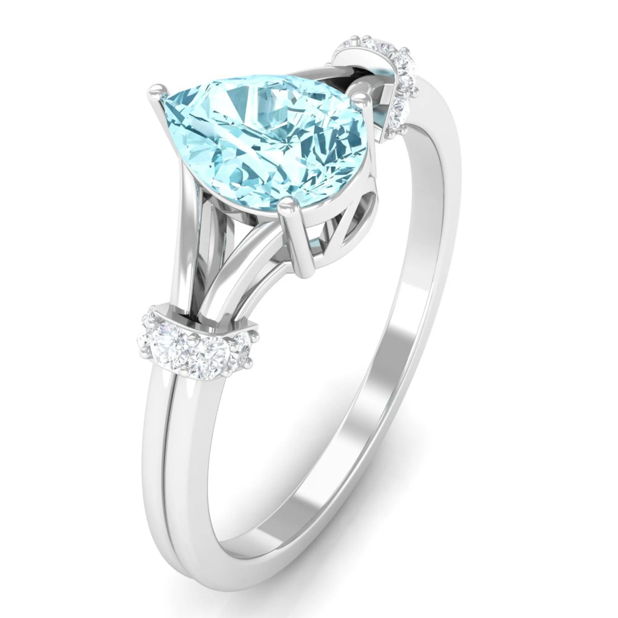 Pear Shape Aquamarine and Diamond Solitaire Ring in Split Shank