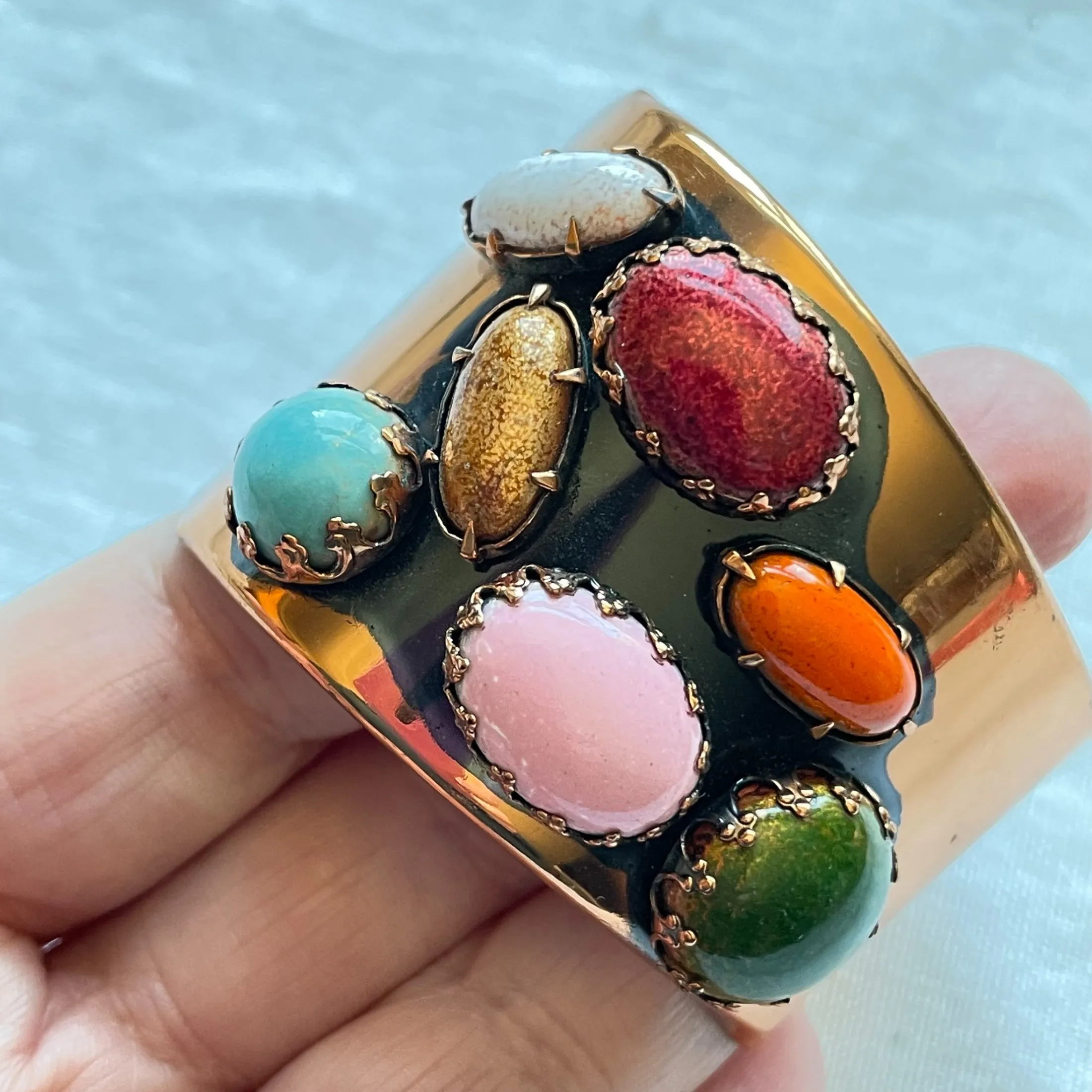 Rare Vintage Matisse Jeweled Cuff Bracelet, 'Scarab' Modernist MCM Costume Jewelry Bracelet
