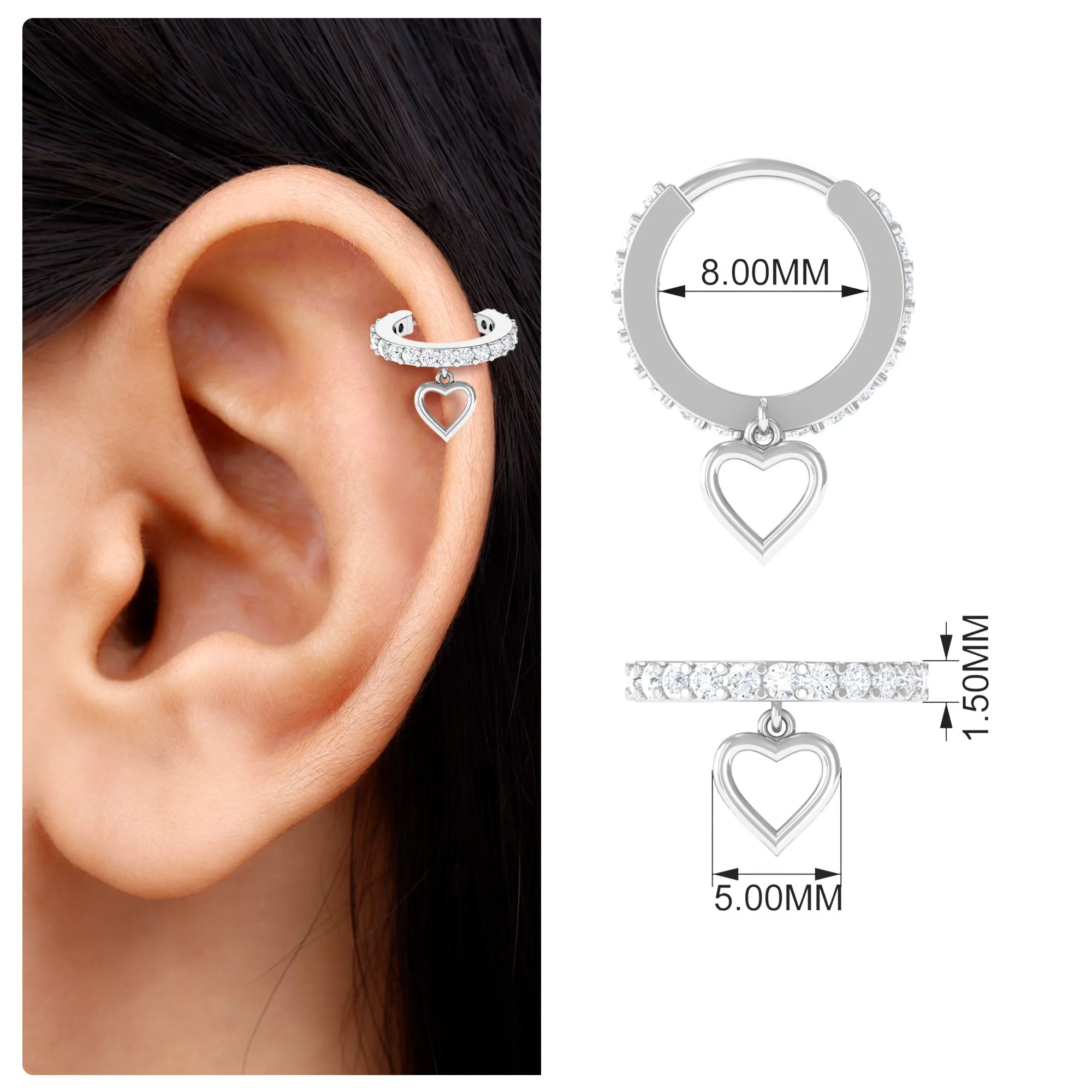 Real Diamond Eternity Heart Dangle Hoop Earring