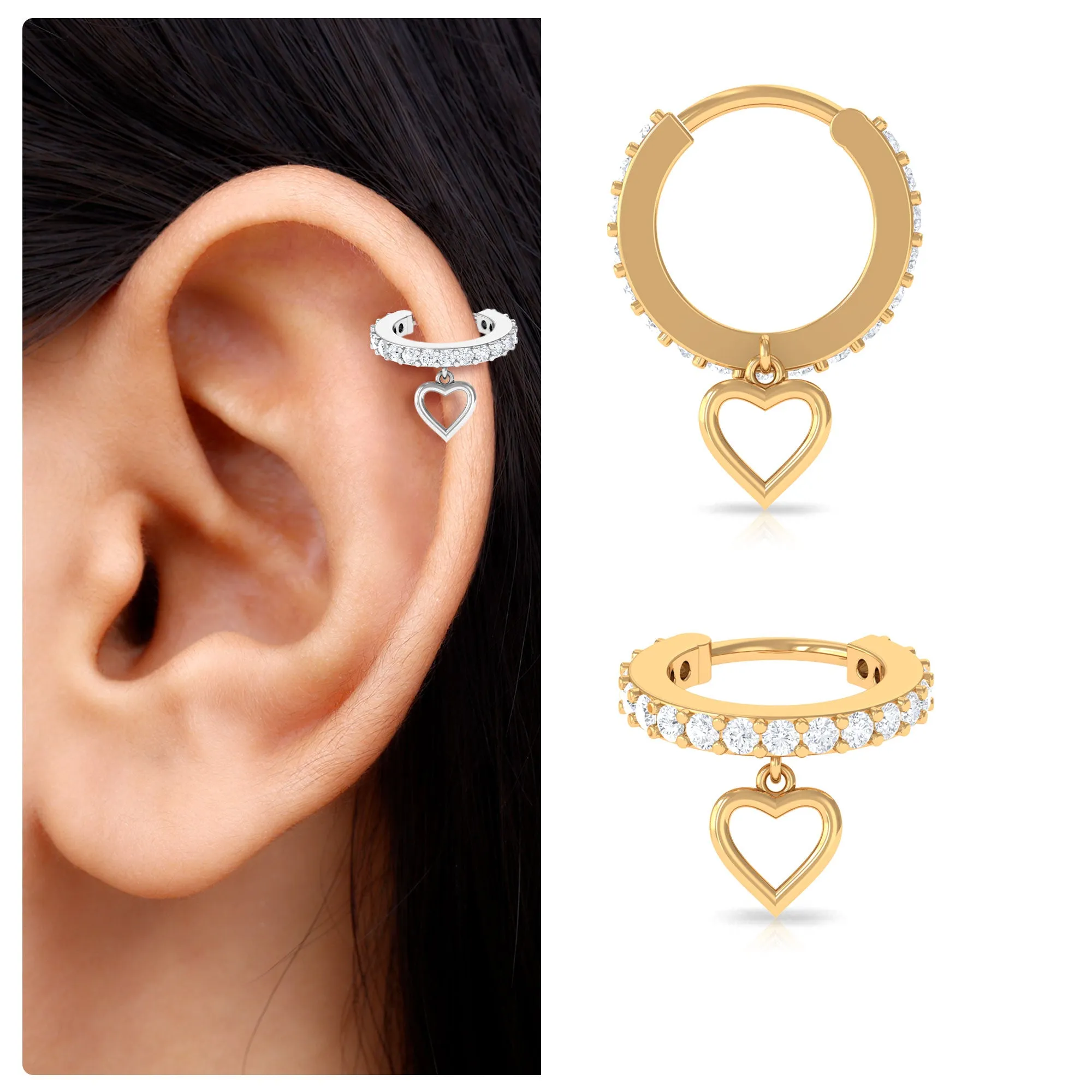 Real Diamond Eternity Heart Dangle Hoop Earring