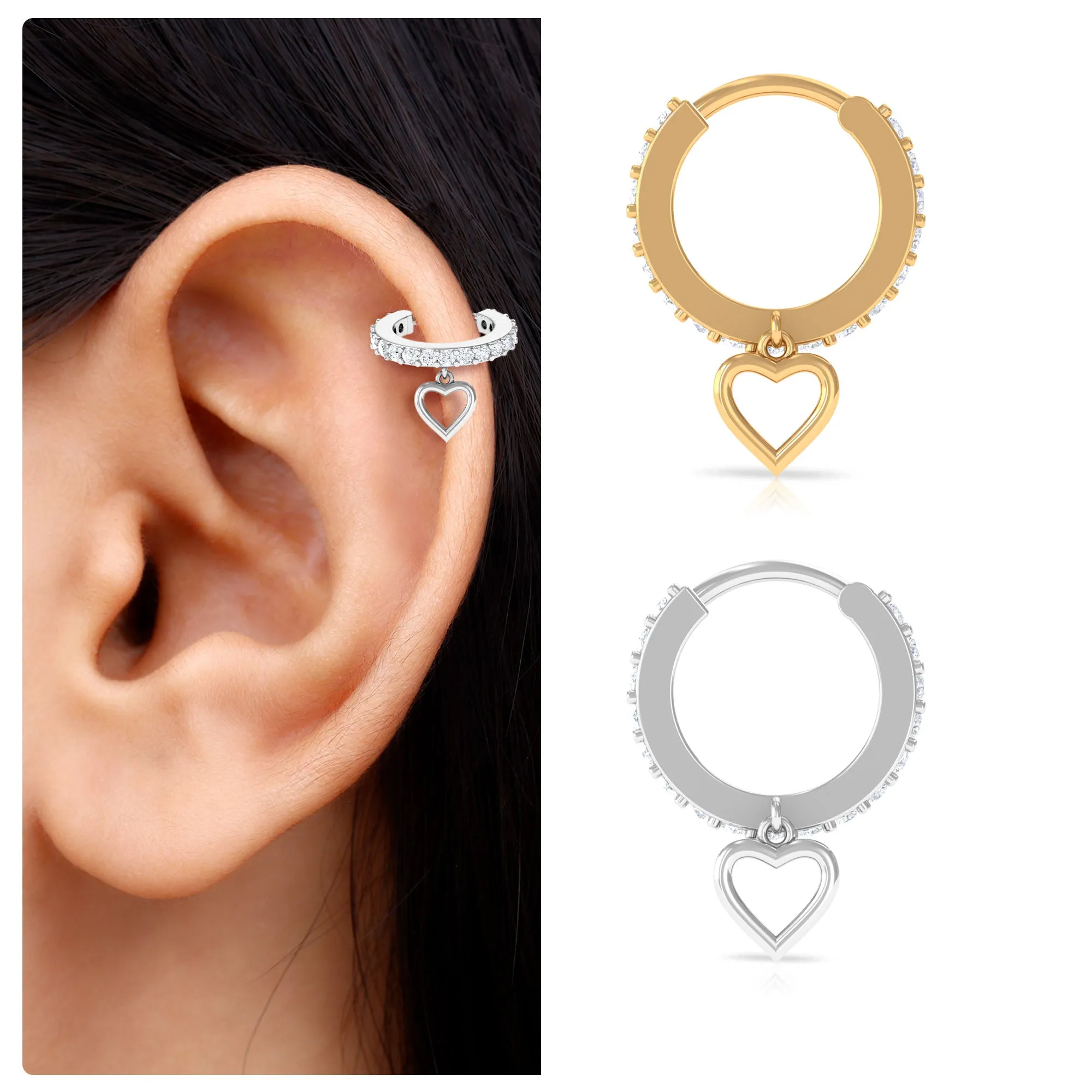 Real Diamond Eternity Heart Dangle Hoop Earring