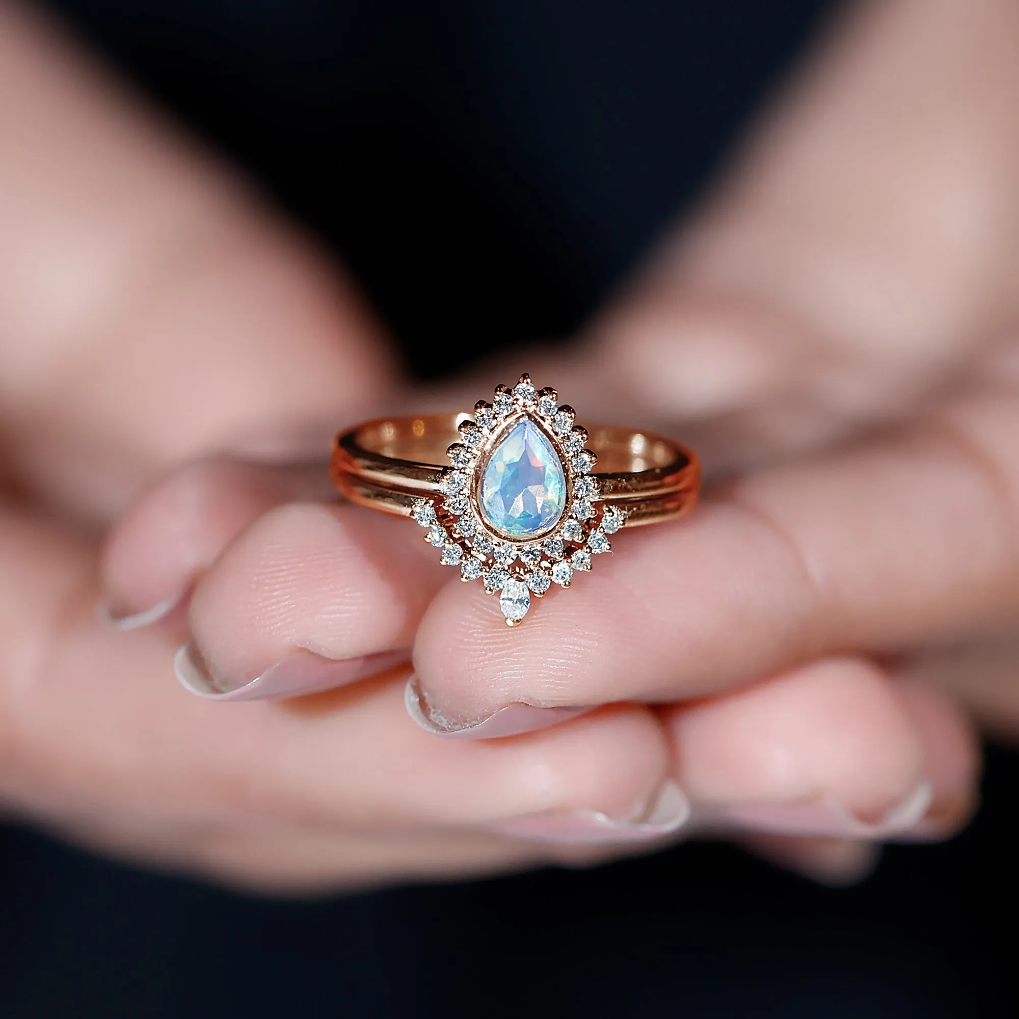 Real Ethiopian Opal Teardrop Wedding Ring Set with Diamond Halo