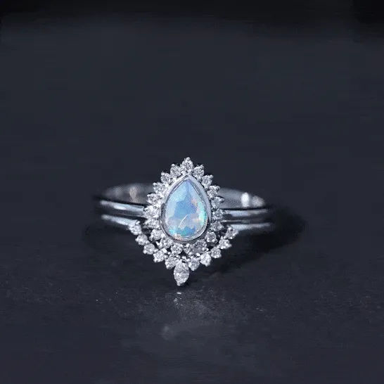 Real Ethiopian Opal Teardrop Wedding Ring Set with Diamond Halo