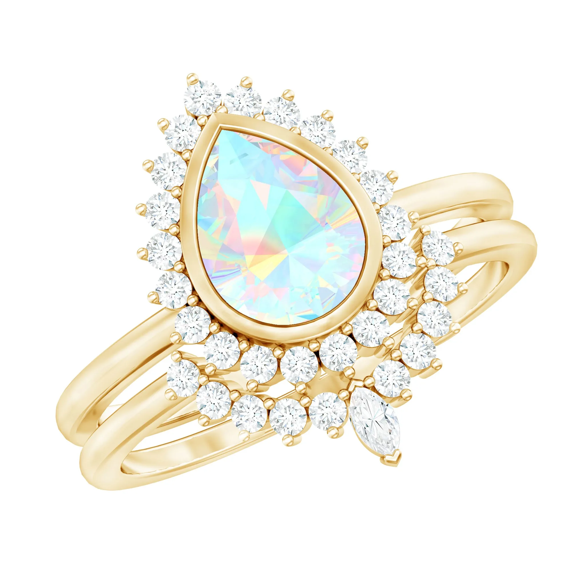 Real Ethiopian Opal Teardrop Wedding Ring Set with Diamond Halo