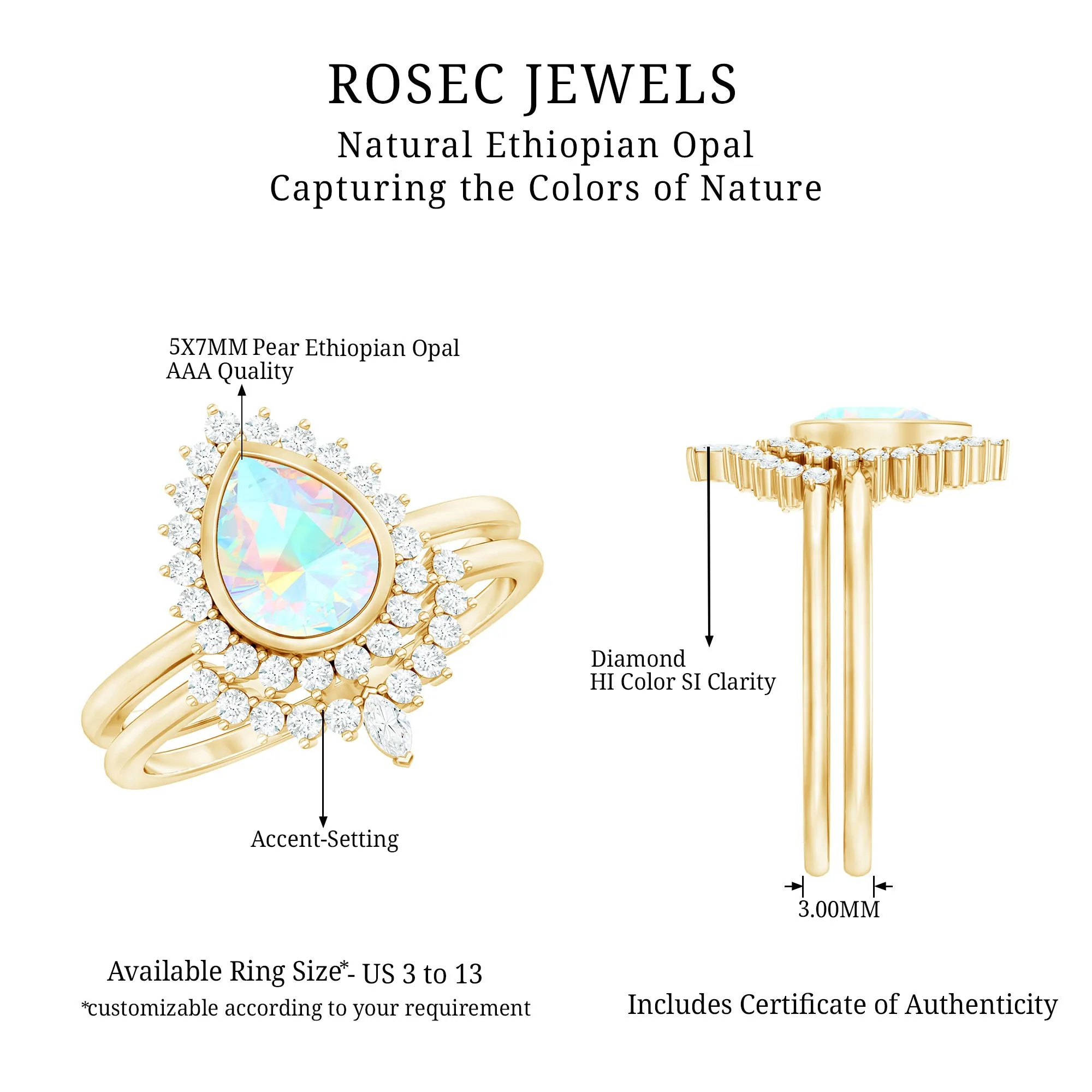 Real Ethiopian Opal Teardrop Wedding Ring Set with Diamond Halo