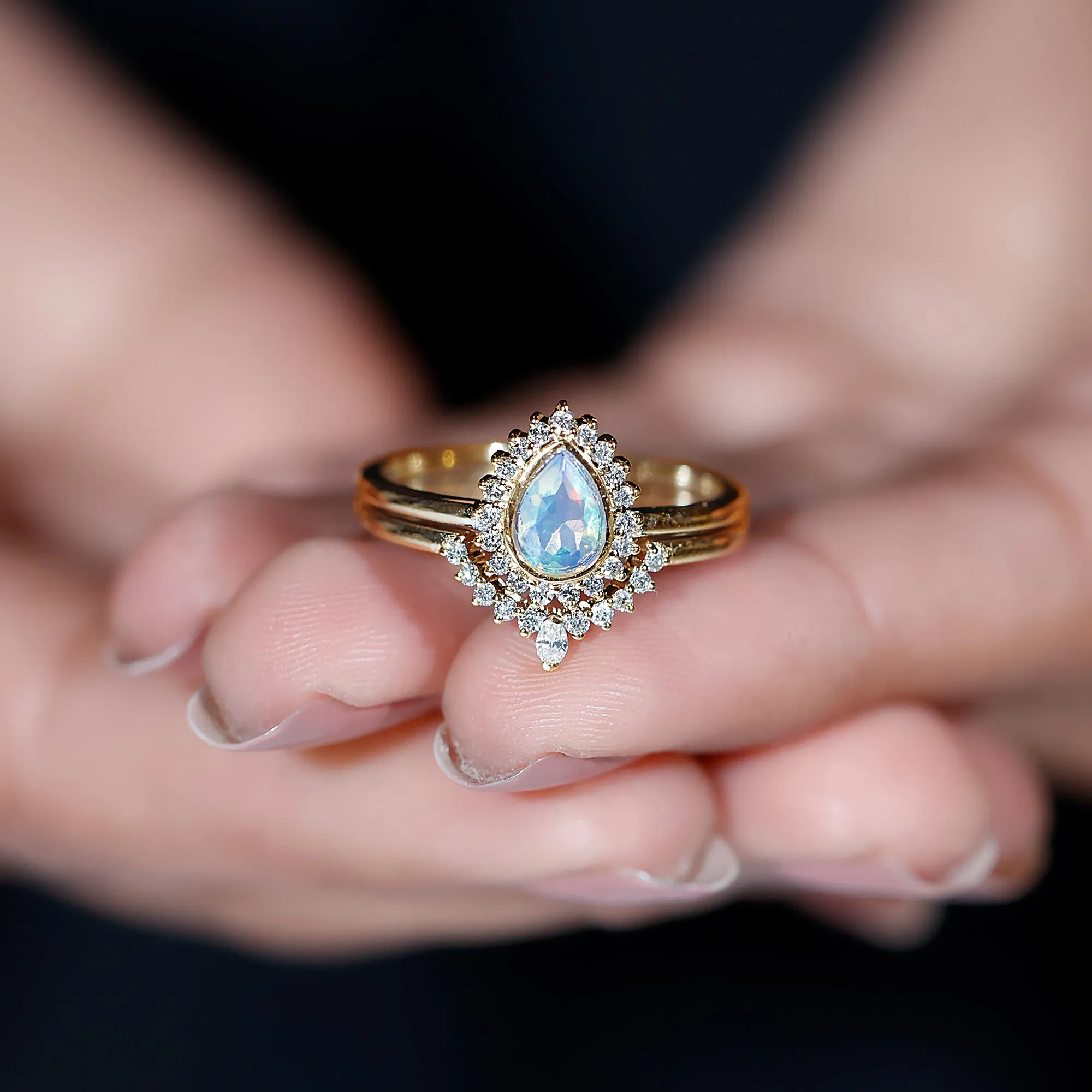 Real Ethiopian Opal Teardrop Wedding Ring Set with Diamond Halo