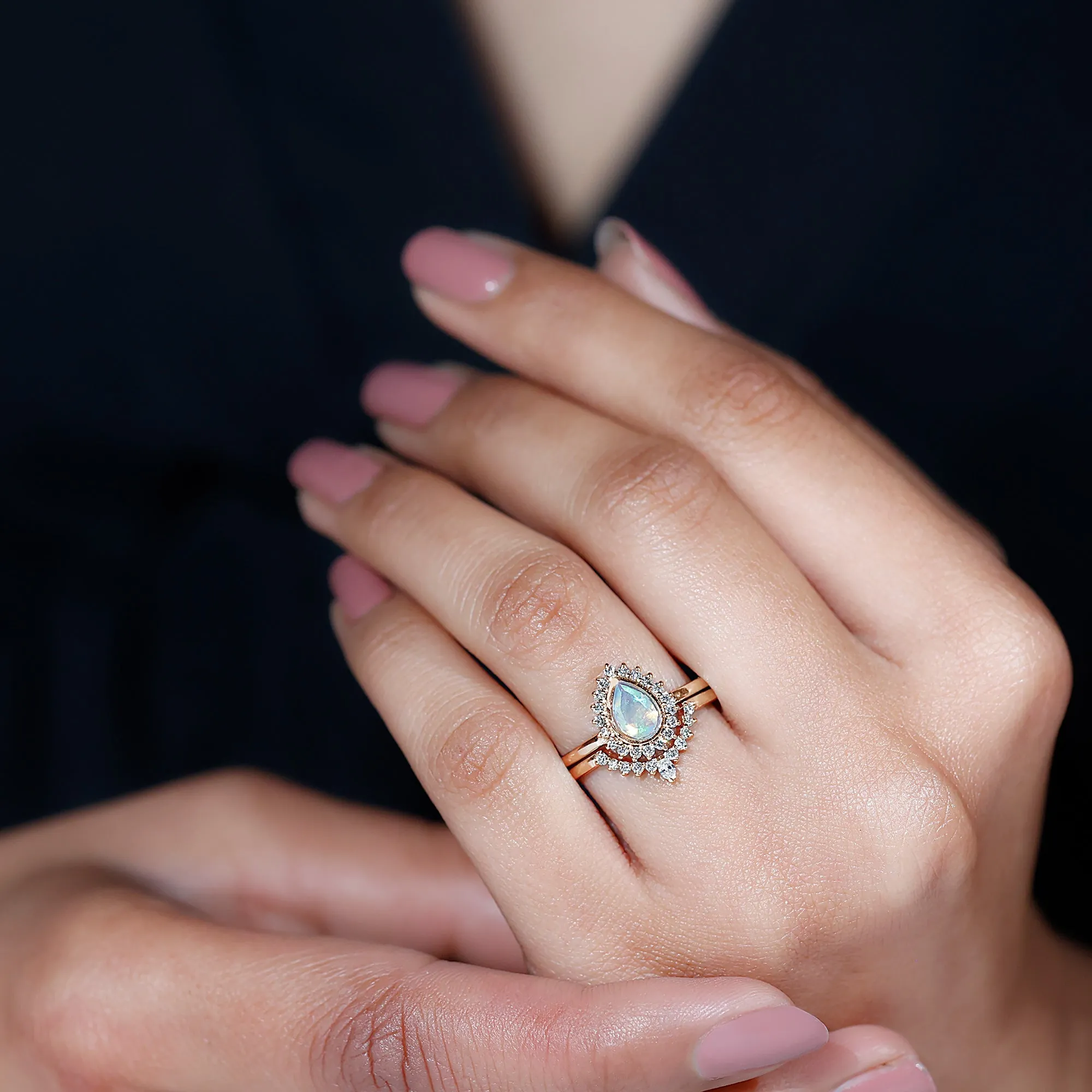 Real Ethiopian Opal Teardrop Wedding Ring Set with Diamond Halo