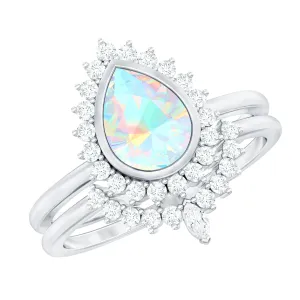 Real Ethiopian Opal Teardrop Wedding Ring Set with Diamond Halo