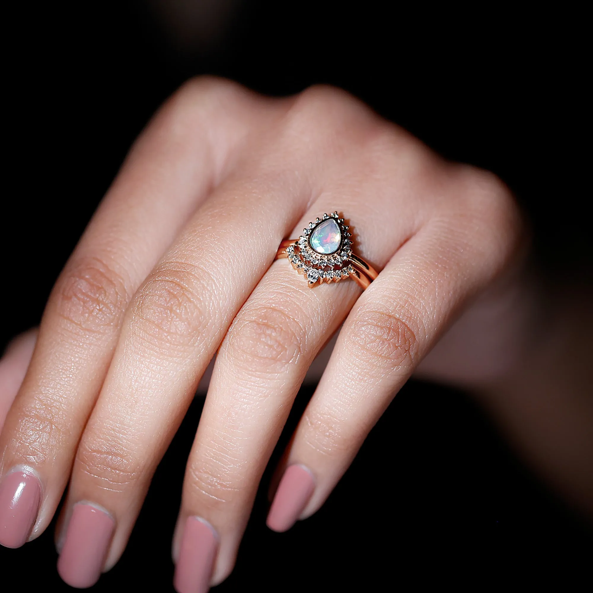 Real Ethiopian Opal Teardrop Wedding Ring Set with Diamond Halo