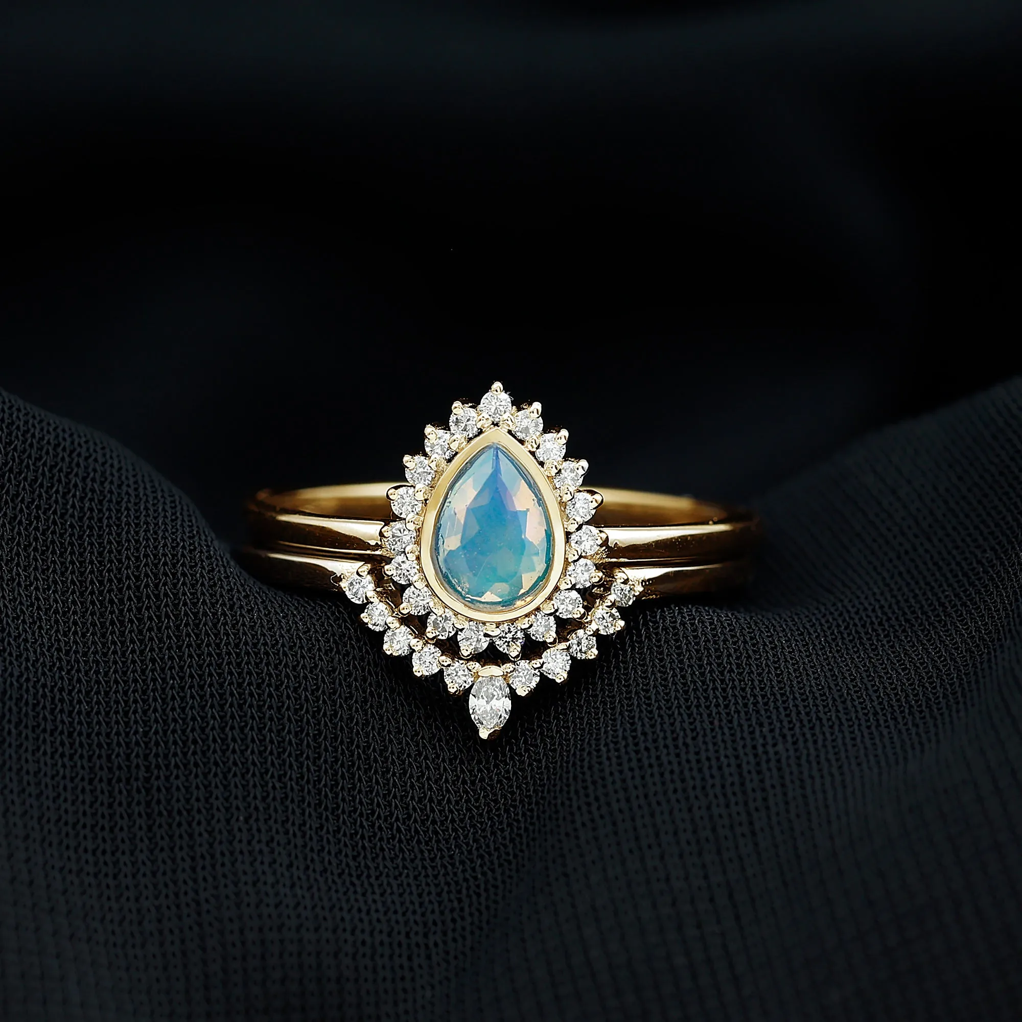 Real Ethiopian Opal Teardrop Wedding Ring Set with Diamond Halo