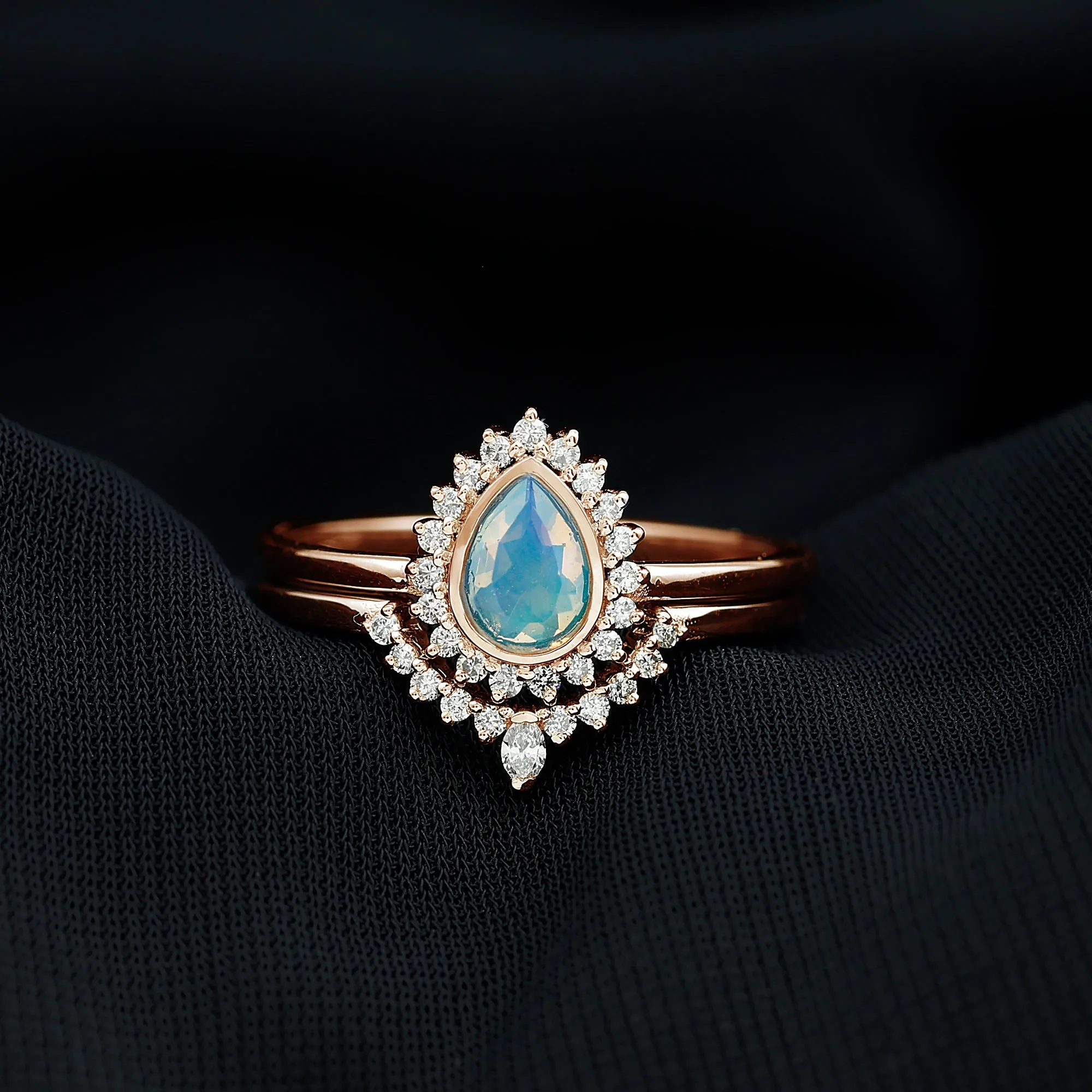 Real Ethiopian Opal Teardrop Wedding Ring Set with Diamond Halo