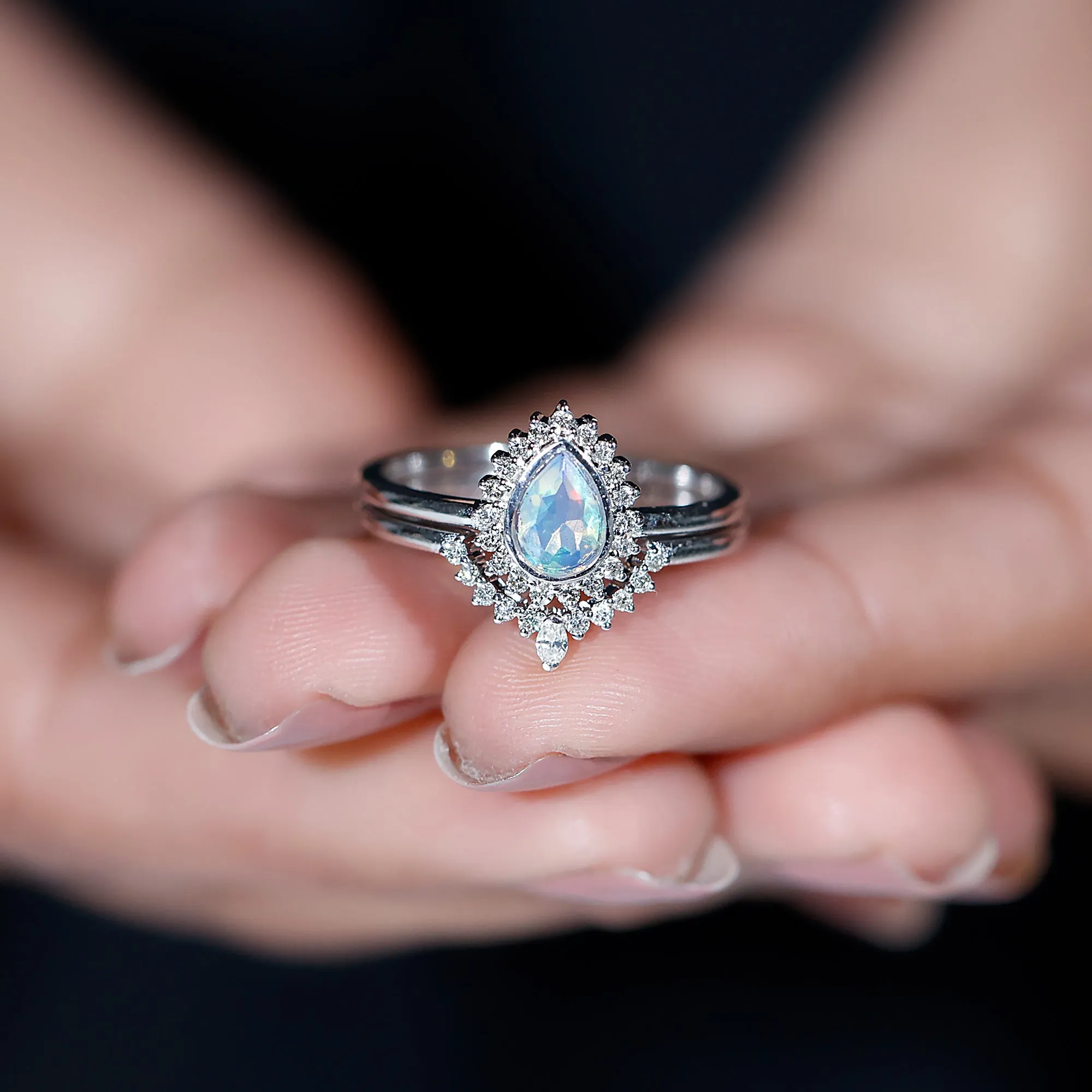 Real Ethiopian Opal Teardrop Wedding Ring Set with Diamond Halo