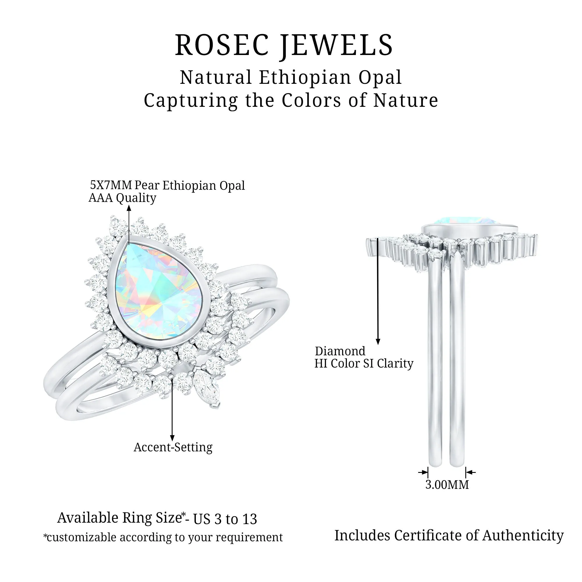 Real Ethiopian Opal Teardrop Wedding Ring Set with Diamond Halo