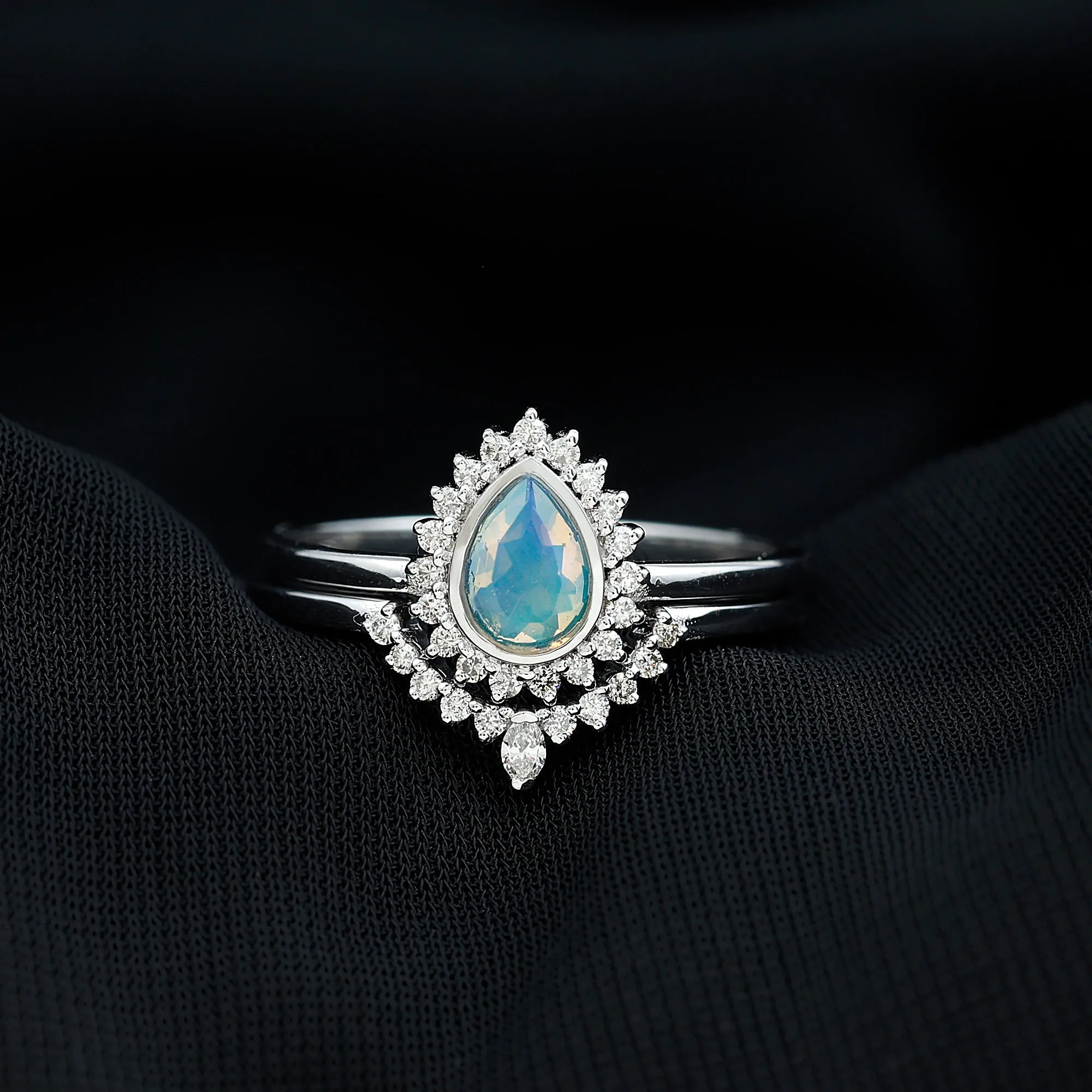 Real Ethiopian Opal Teardrop Wedding Ring Set with Diamond Halo