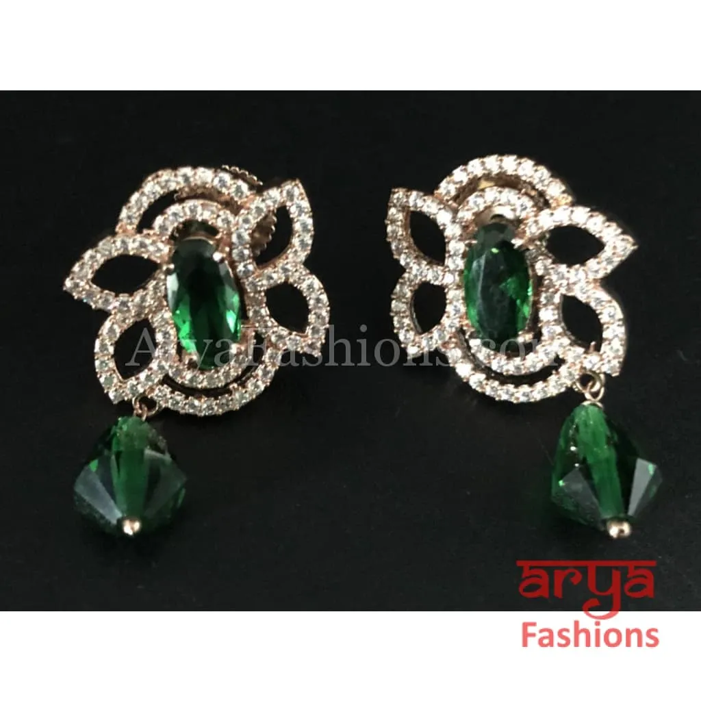 Rose Gold Cubic Zirconia studs with Green Beads