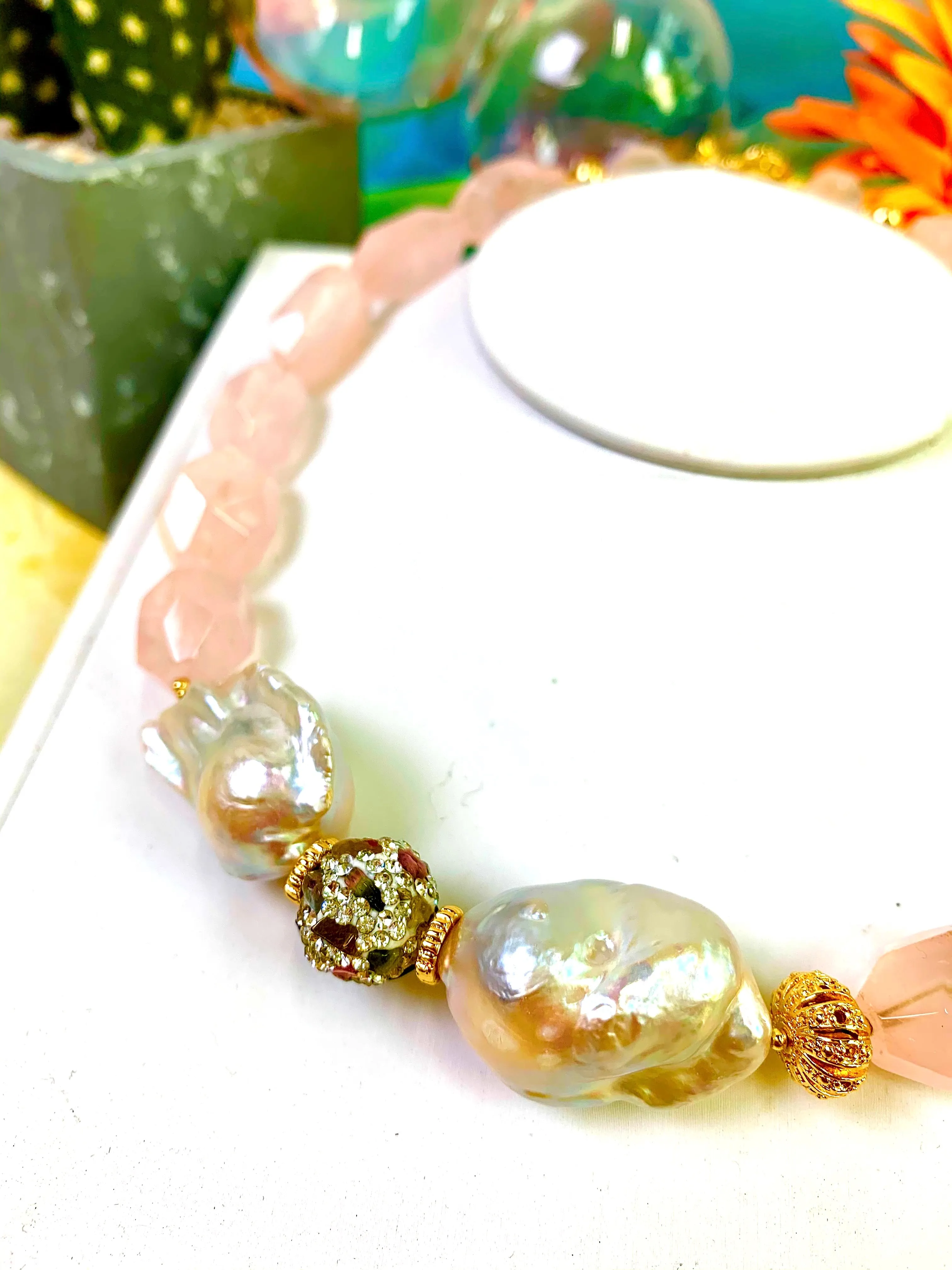Rose Quartz with Baroque Pearls Statement Necklace EN021