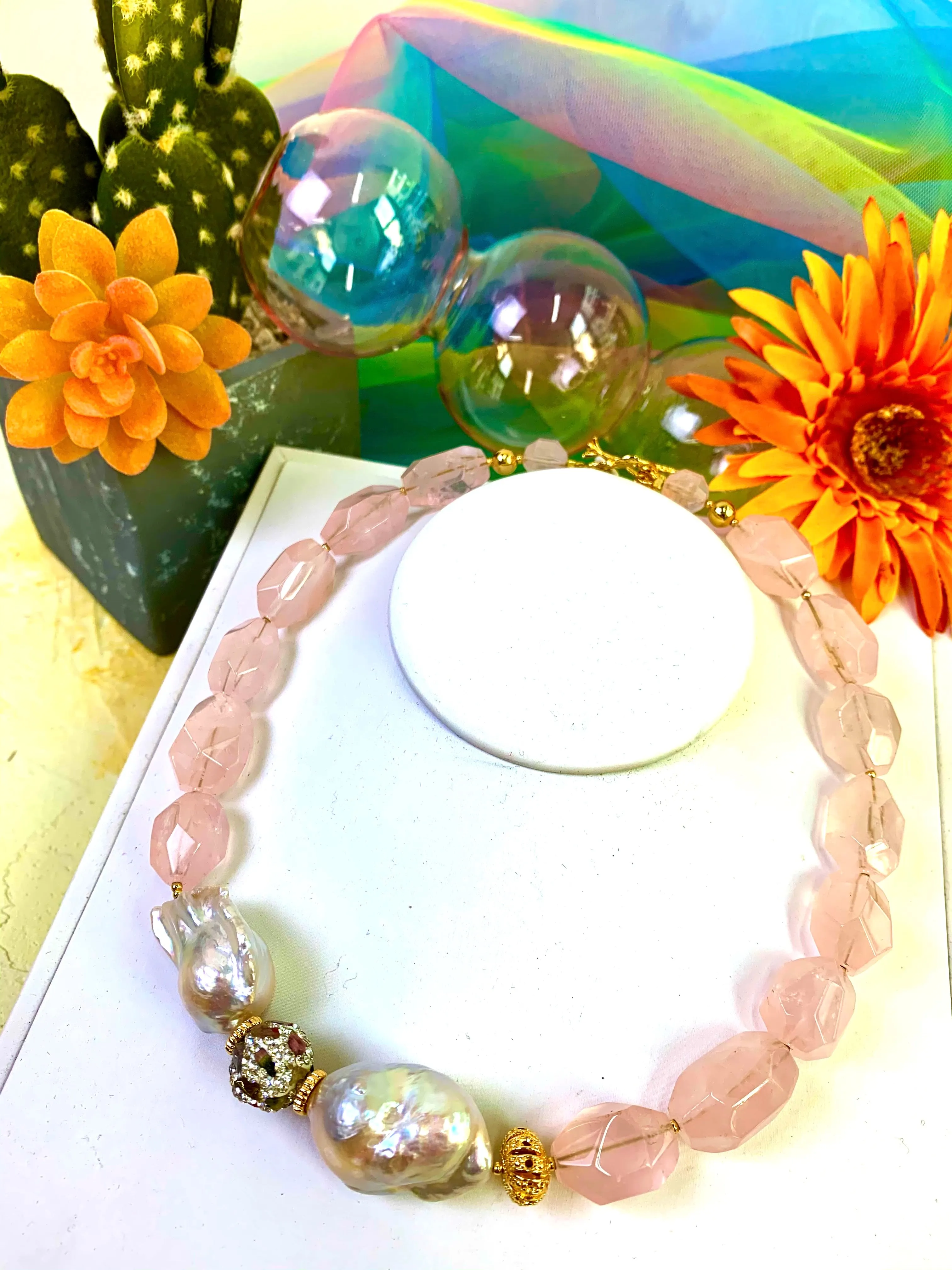 Rose Quartz with Baroque Pearls Statement Necklace EN021