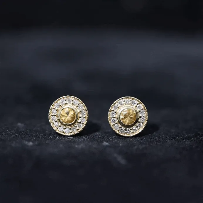 Round Citrine Halo Stud Earrings with Diamond in Twisted Rope Frame