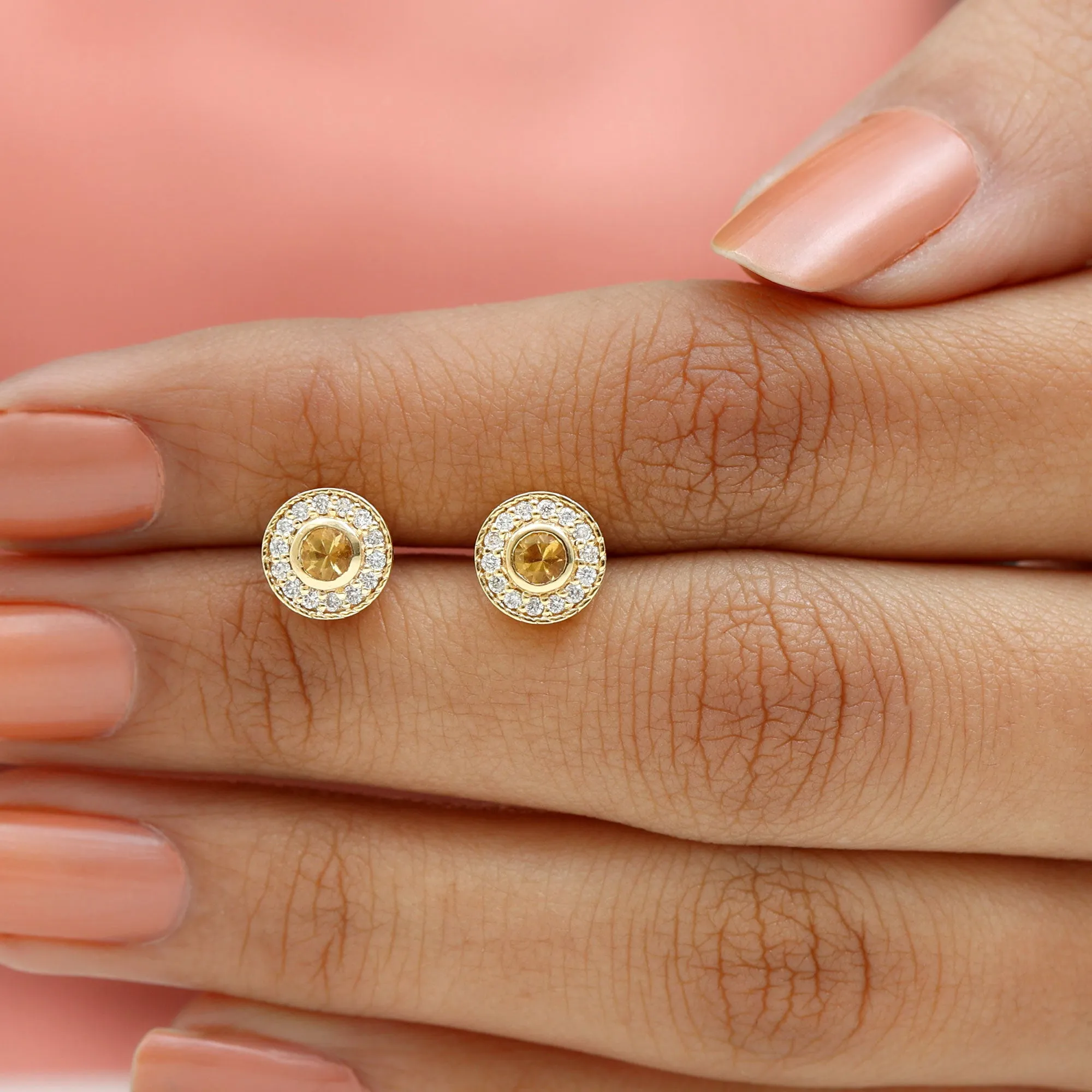 Round Citrine Halo Stud Earrings with Diamond in Twisted Rope Frame