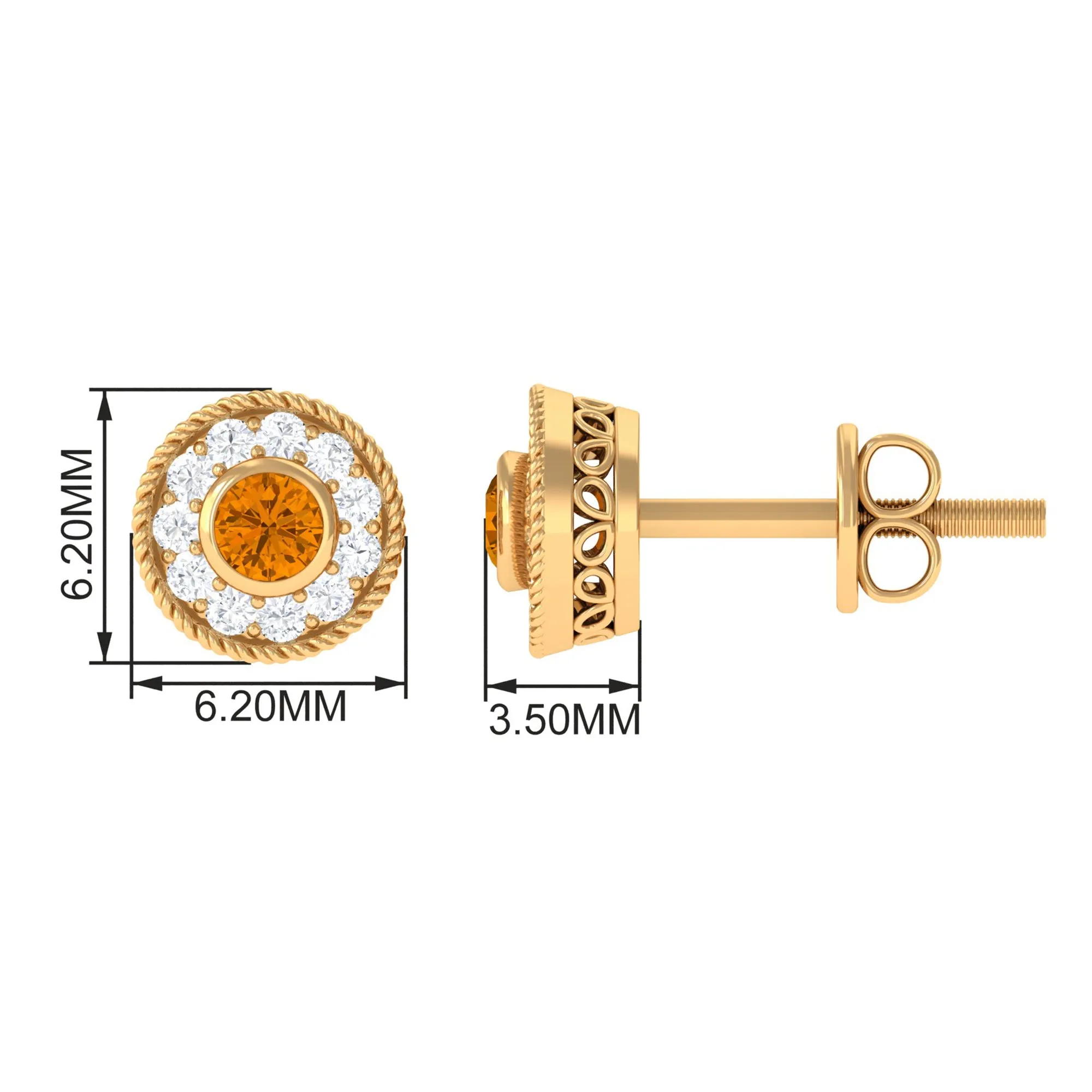 Round Citrine Halo Stud Earrings with Diamond in Twisted Rope Frame