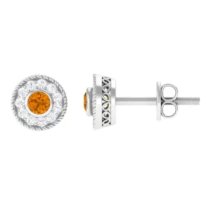Round Citrine Halo Stud Earrings with Diamond in Twisted Rope Frame