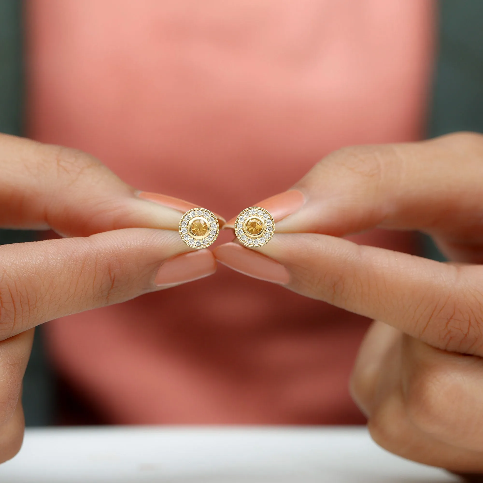 Round Citrine Halo Stud Earrings with Diamond in Twisted Rope Frame