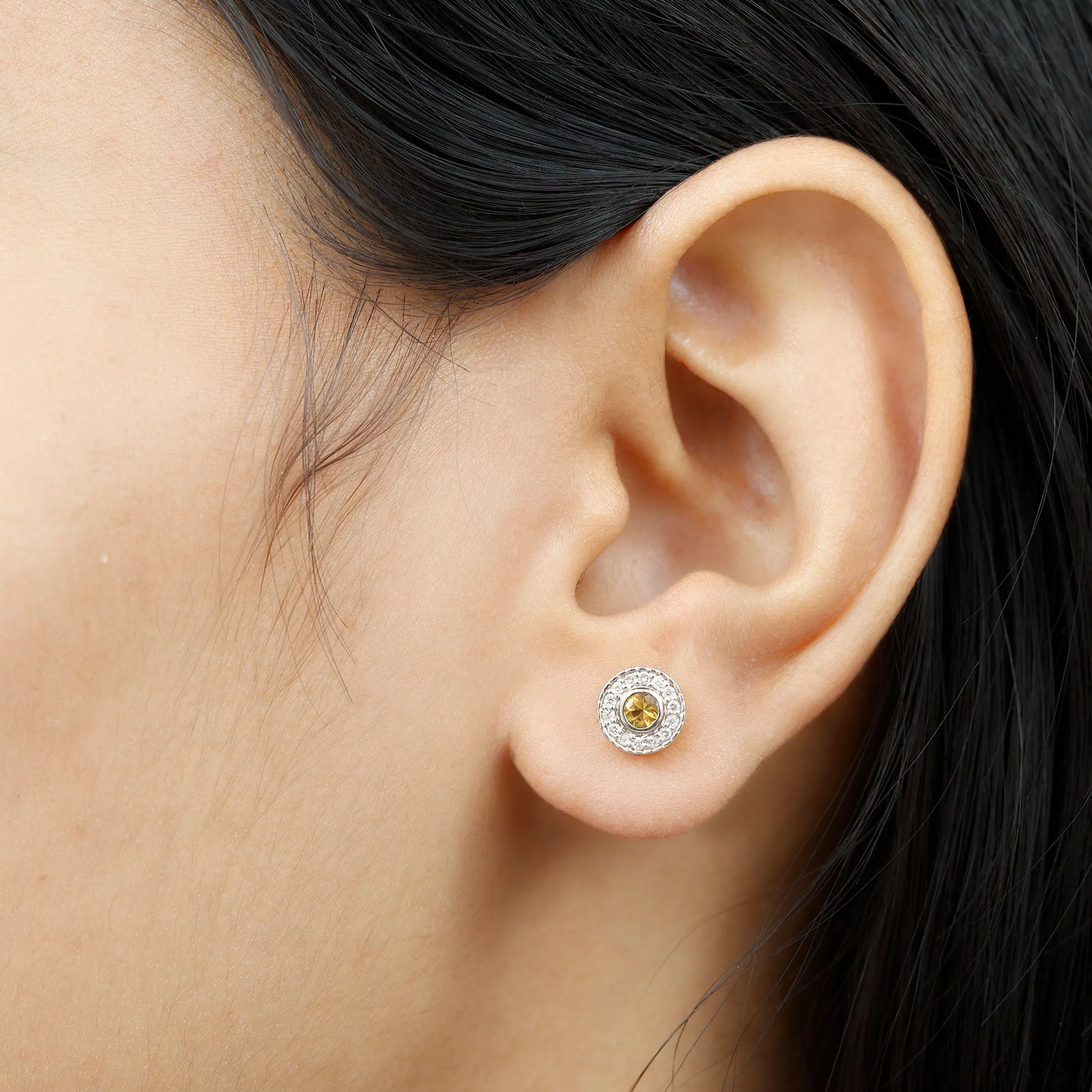 Round Citrine Halo Stud Earrings with Diamond in Twisted Rope Frame