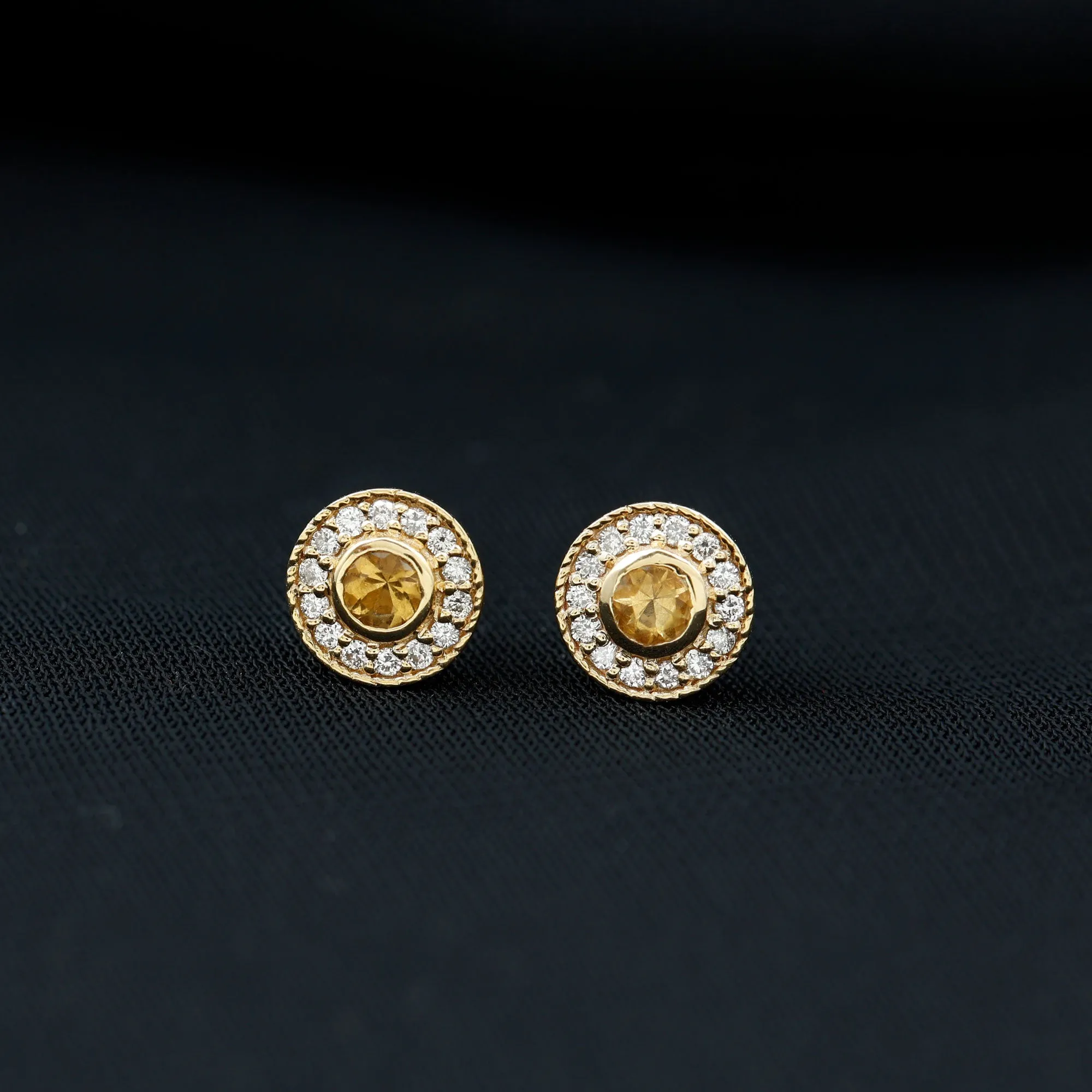 Round Citrine Halo Stud Earrings with Diamond in Twisted Rope Frame