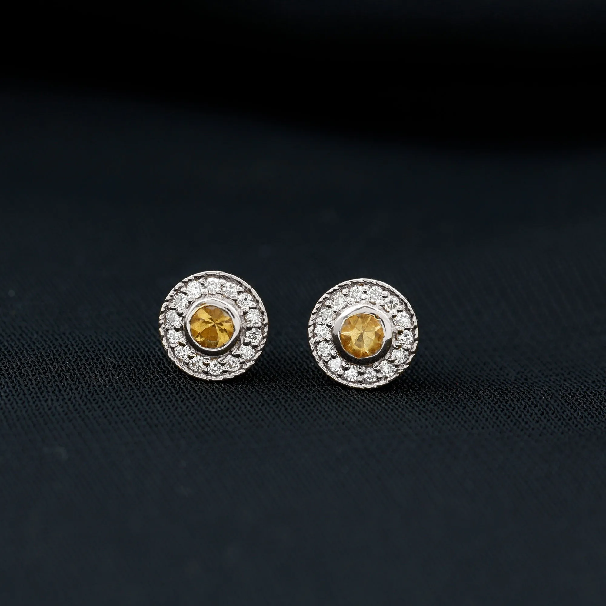 Round Citrine Halo Stud Earrings with Diamond in Twisted Rope Frame