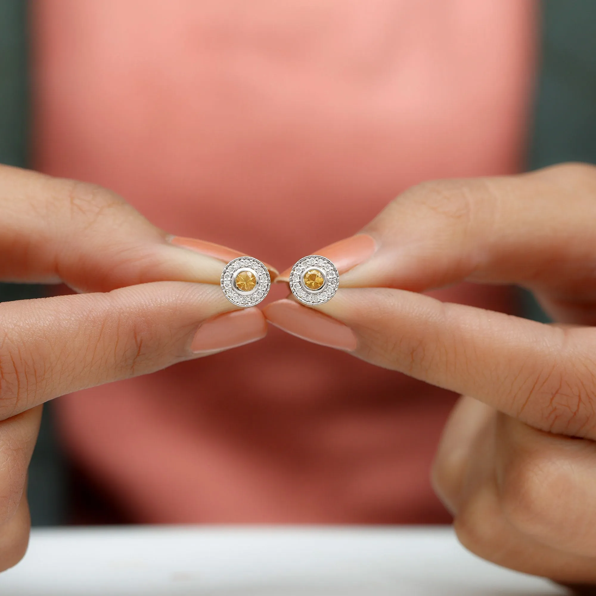 Round Citrine Halo Stud Earrings with Diamond in Twisted Rope Frame